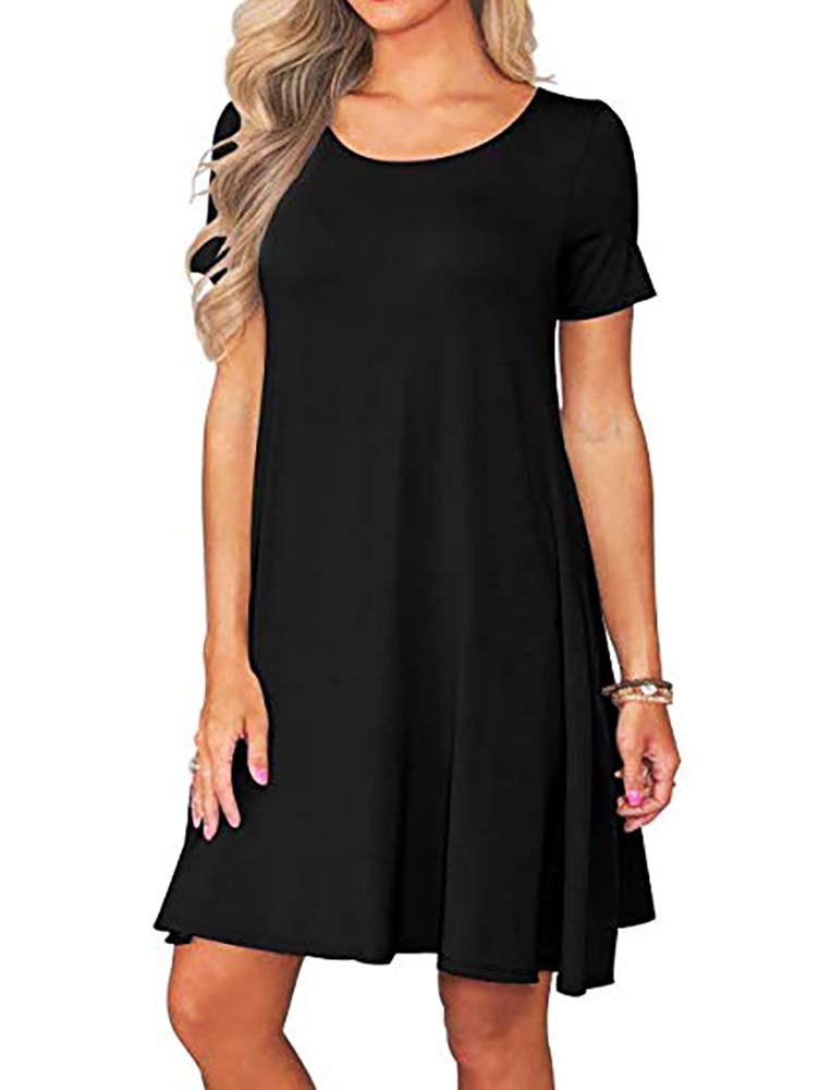 Women's Summer Casual T-Shirt Dress - Short Sleeve Pleated Pocket Tank Dress, Loose Fit Swing Dress in Black | Perfect for Beach Outings, Weekend Brunch & Summer Vacation