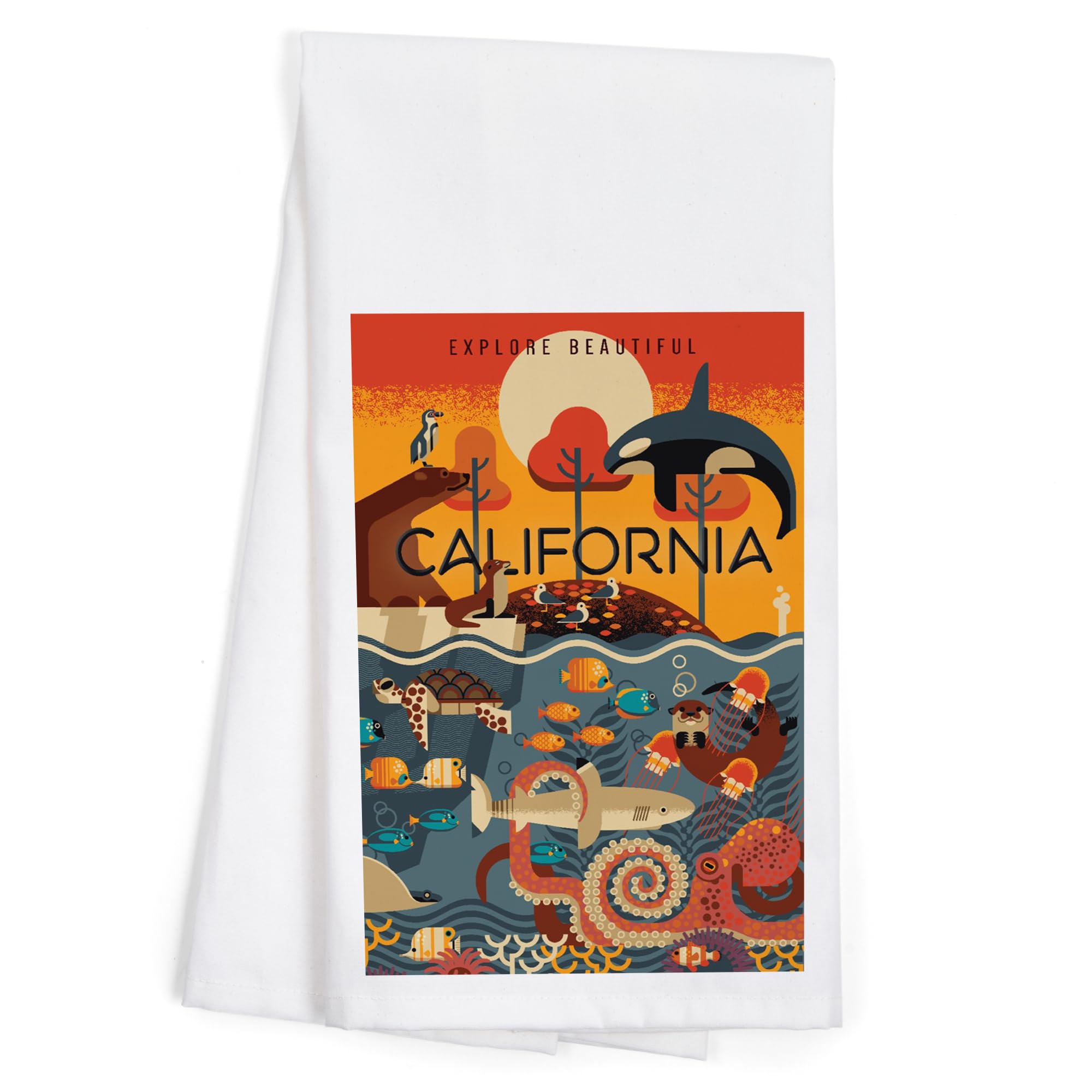 Lantern Press California Marine Animals Geometric Cotton Tea Towel - 100% Cotton Decorative Kitchen Hand Towel for Home, Dish Drying & Coastal Decor
