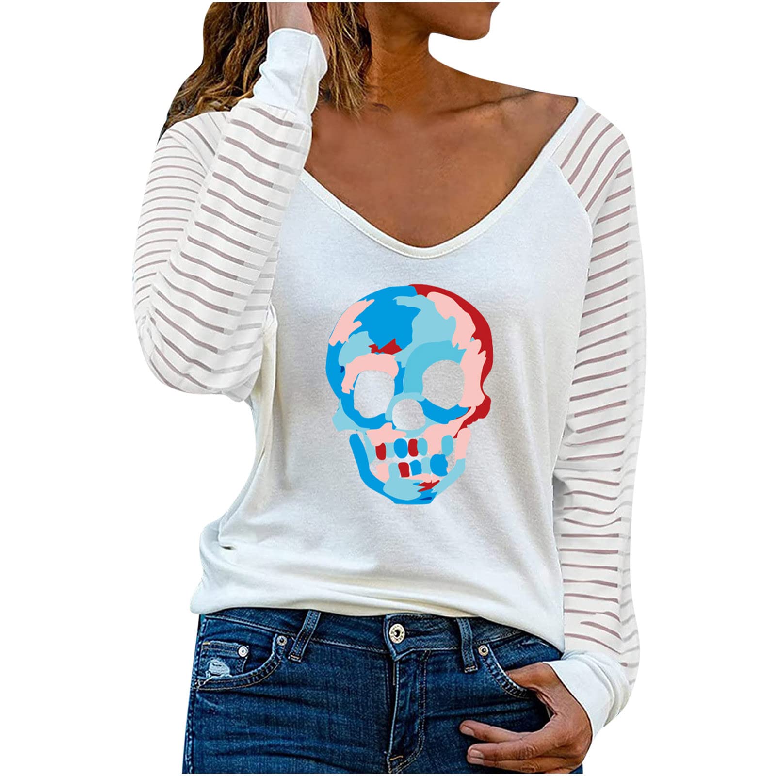 Sexy Off Shoulder Halloween T-Shirts for Women - Vintage Skull Graphic Long Sleeve Tops & Striped V-Neck Sweatshirts | Perfect for Halloween Parties, Costume Events & Spooky Season Outfits