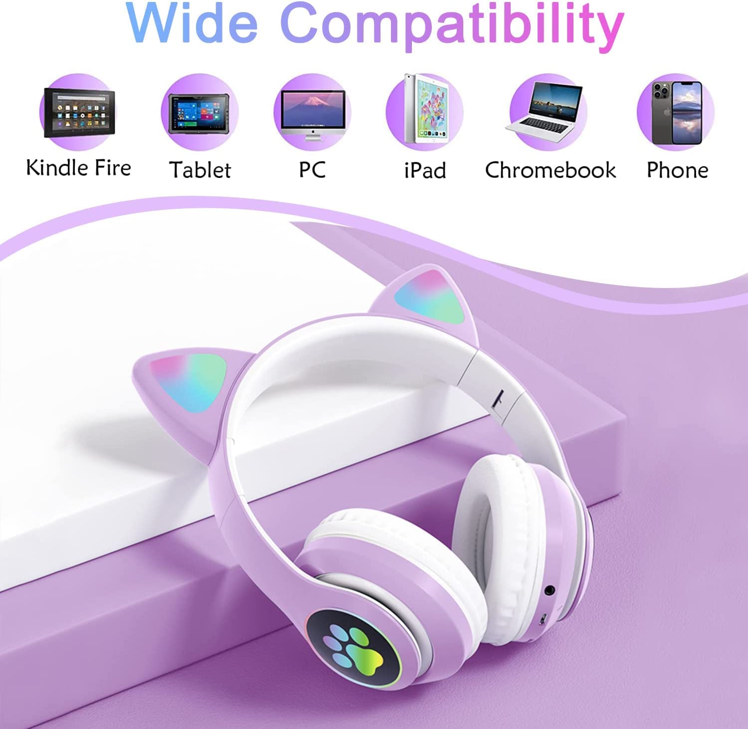 Kids Bluetooth Noise Cancelling Headphones with LED Light-Up Cat Ears, Foldable Wireless Headset with Microphone & TF Card Support - Perfect for iPad, Travel, School & Gaming