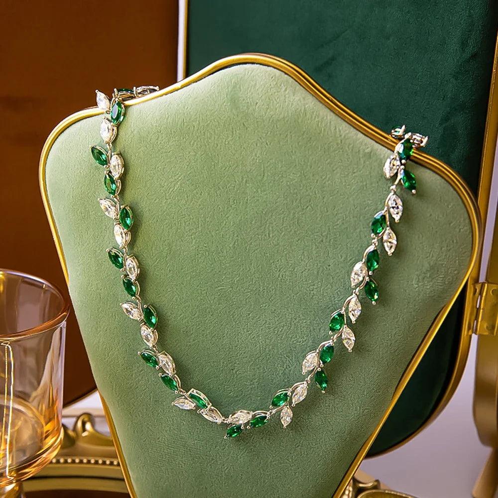 Luxury Marquise Cut Moissanite Bridal Set - Leaf Shaped Emerald Imitation Choker Necklace & Earrings for Wedding, Engagement, Anniversary & Special Occasions