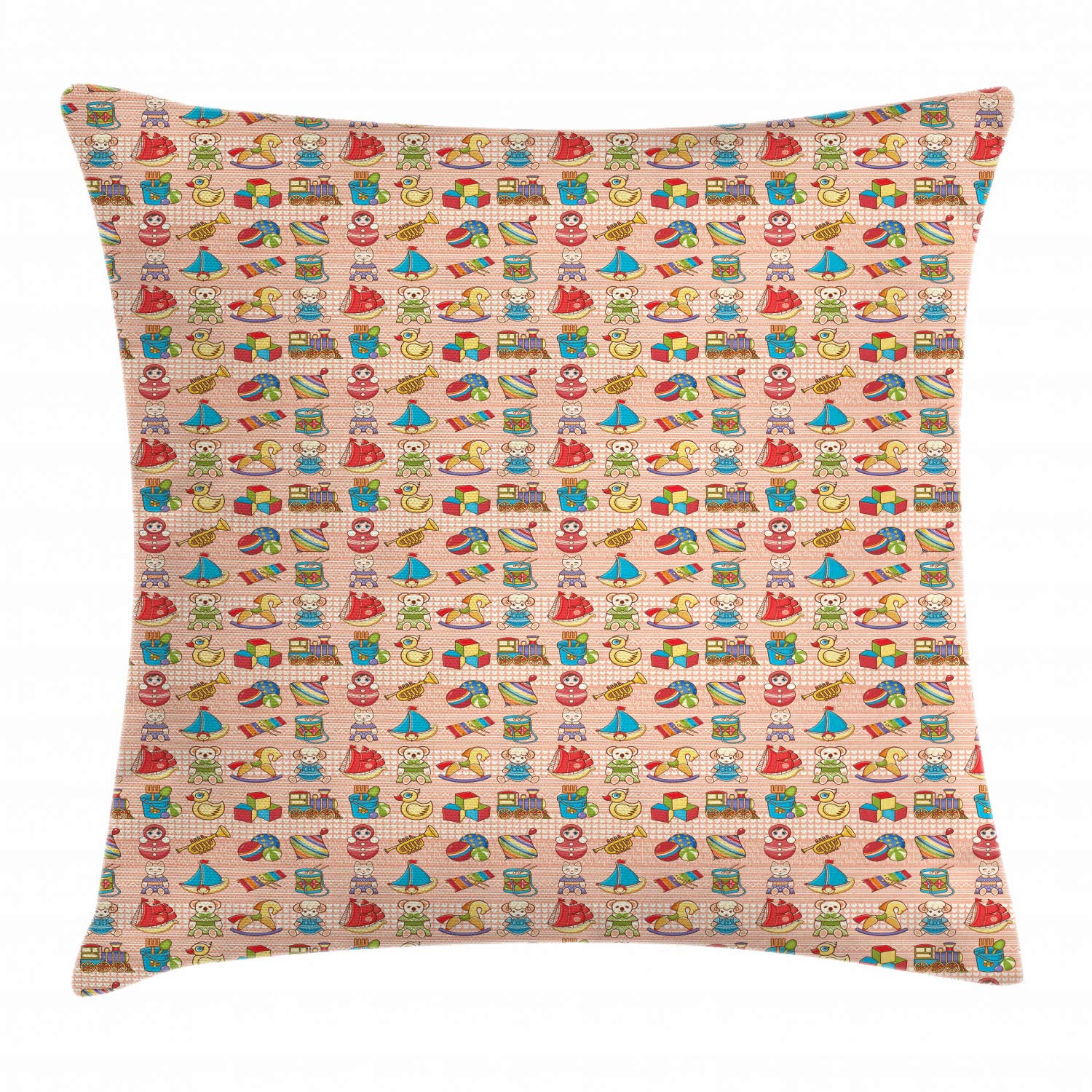 Ambesonne Duck Throw Pillow Cover 18x18 Inches - Cute Cartoon Teddy Bears & Rubber Ducks with Train Design on Heart Pattern - Multicolor Decorative Square Accent Pillow Case for Living Room, Bedroom, Nursery Decor