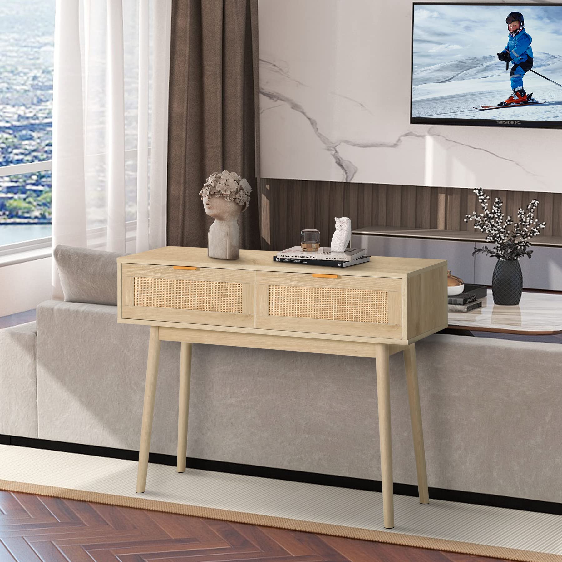 Rattan Console Table with 2 Drawers - Narrow Entryway Sofa Table with Storage for Hallway, Living Room & Bedroom - Natural Wood Accent Furniture for Behind Couch & Small Spaces