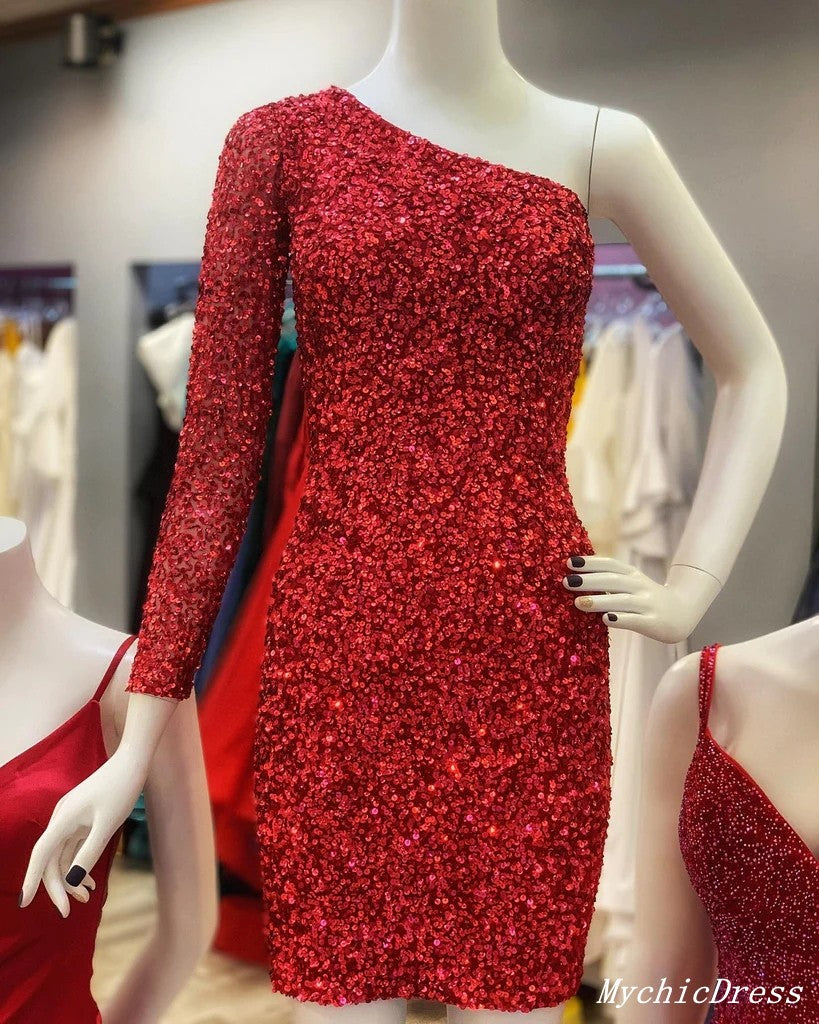 2025 Burgundy Sequin One Shoulder Short Prom Dress for Homecoming - Perfect for Dances, Parties & Special Occasions