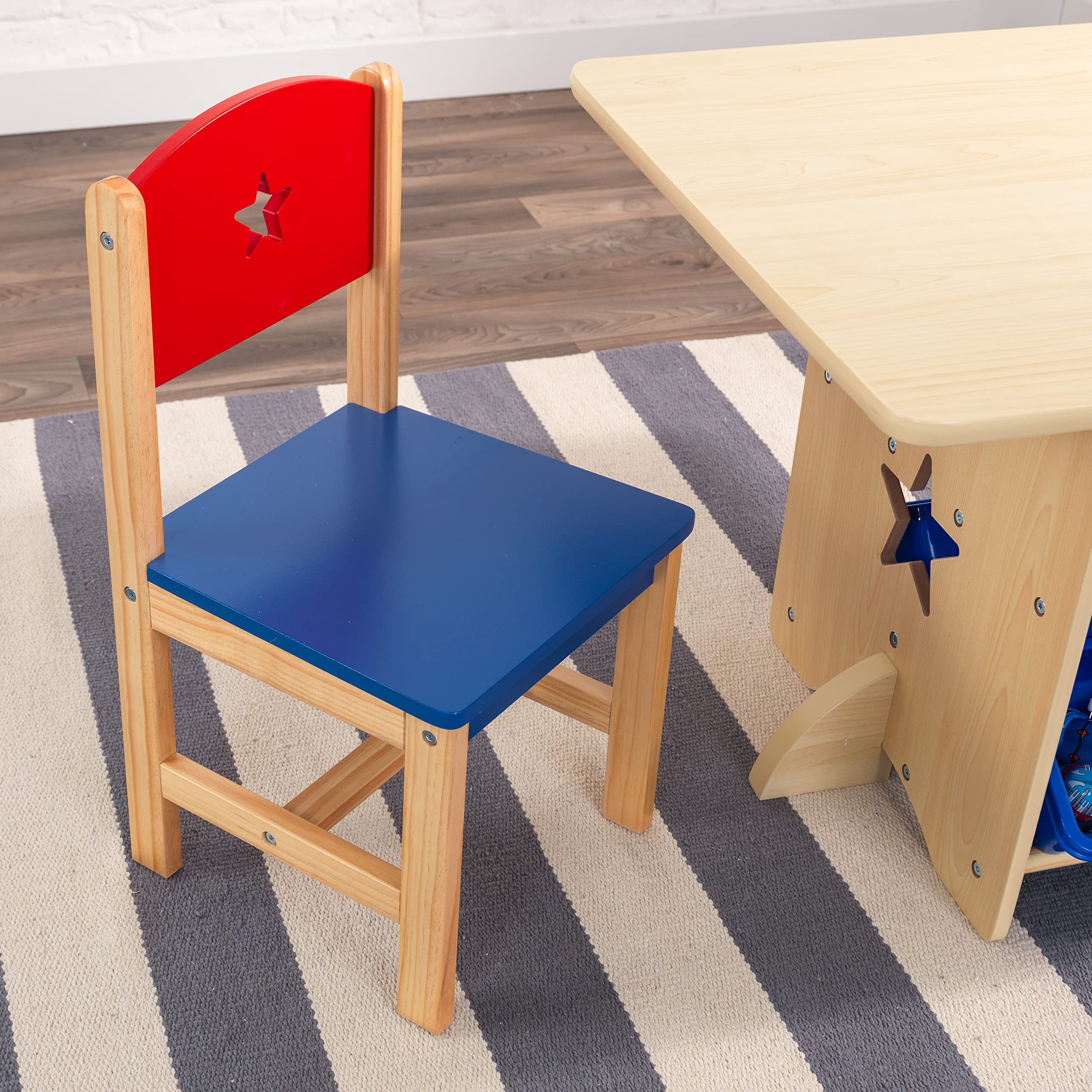 KidKraft Wooden Star Table & Chair Set with 4 Storage Bins - Kids Study Desk & Play Table for Toddlers, Red, Blue & Natural - Perfect for Preschool Learning, Arts & Crafts, and Playroom Activities