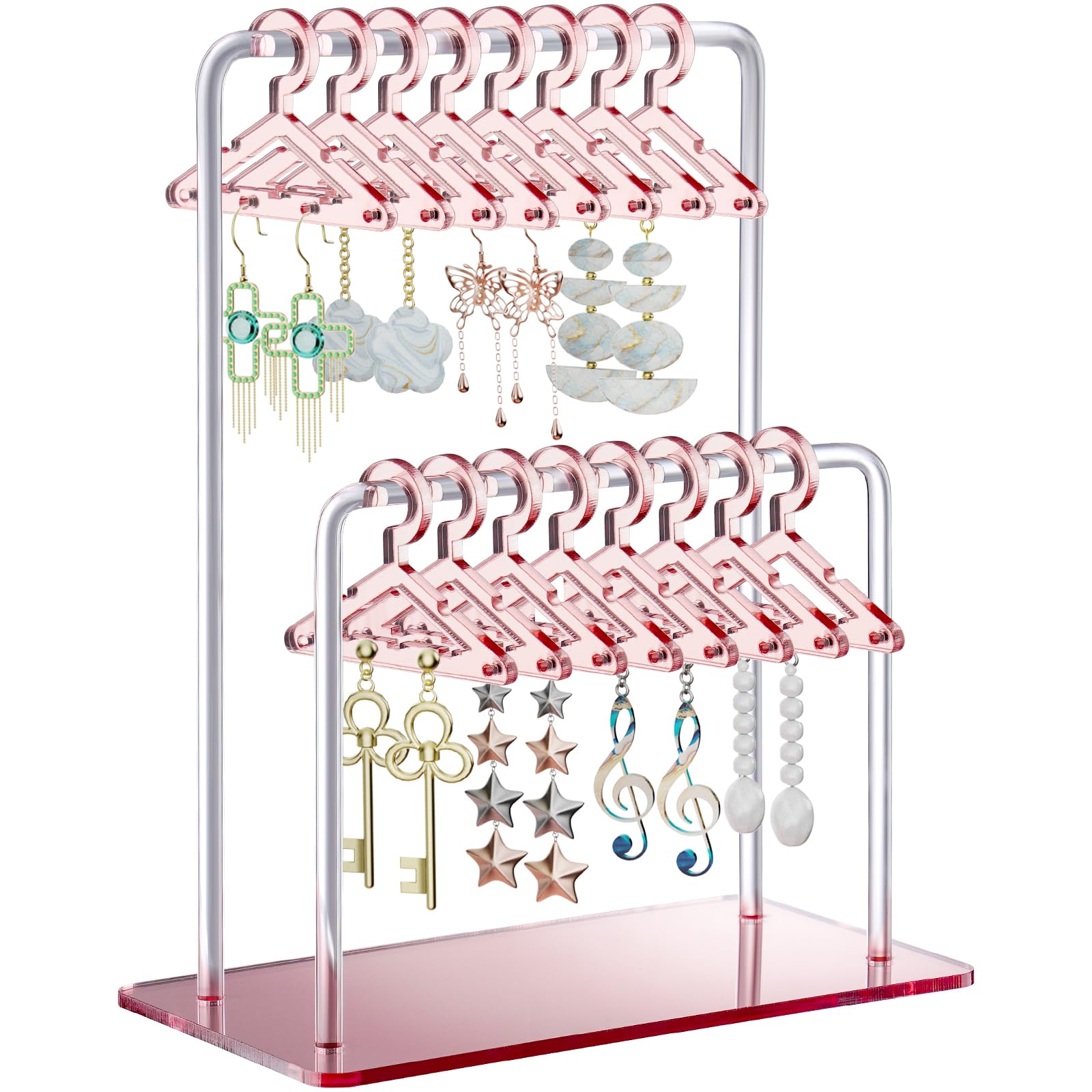 NiHome Acrylic Earring Organizer with Double-Tiered Design - 48 Pair Jewelry Storage with Mini Clothes Hangers & Mirror Finish - Perfect for Home Vanity, Retail Display & Gift Giving (Rose Gold)