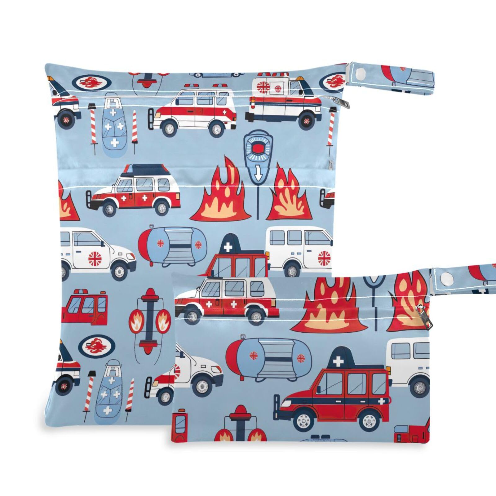 Waterproof Wet Dry Bag Set of 2 - Cute Fire Truck & Police Car Design Diaper Bag for Travel, Beach, Gym, Swimming & Baby Essentials Storage | Kawaii Style