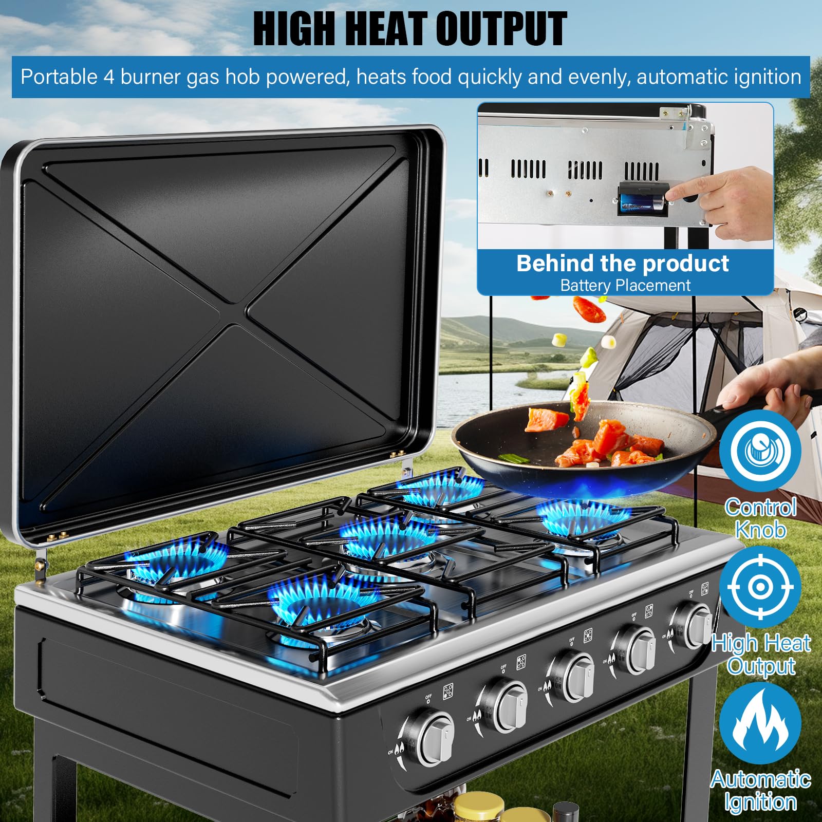 **5-Burner Propane Gas Stove with Auto Ignition - Portable Camping Stove with Wind Blocking Cover & Support Leg Stand - Ideal for RV, Apartment, Outdoor Cooking, Picnics & Backpacking**