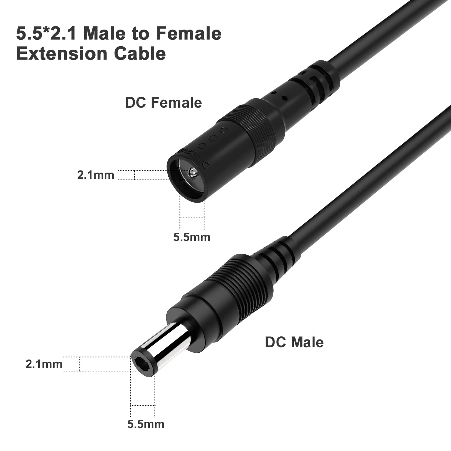 33ft 2-Pack DC Power Extension Cable - 2.1mm x 5.5mm DC Plug 20AWG Power Cord for 12V/24V Devices - Compatible with CCTV Cameras, LED Strip Lights, Security Systems - Ideal for Home/Office Security Setup & DIY Lighting Projects (Black)