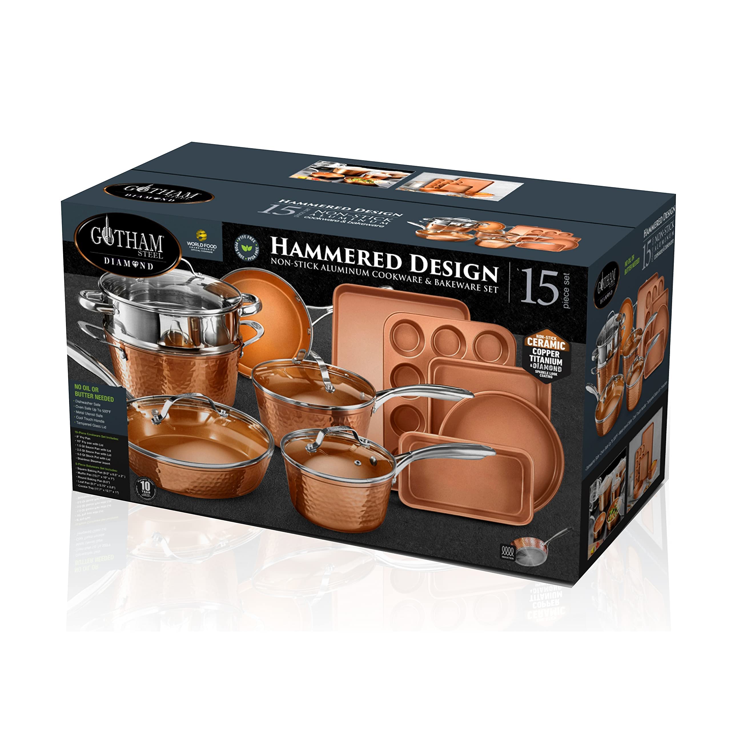 Gotham Steel Hammered 15-Piece Ceramic Non-Stick Cookware Set - Non-Toxic Pots and Pans, Oven & Dishwasher Safe - Perfect for Baking, Frying, and Everyday Cooking
