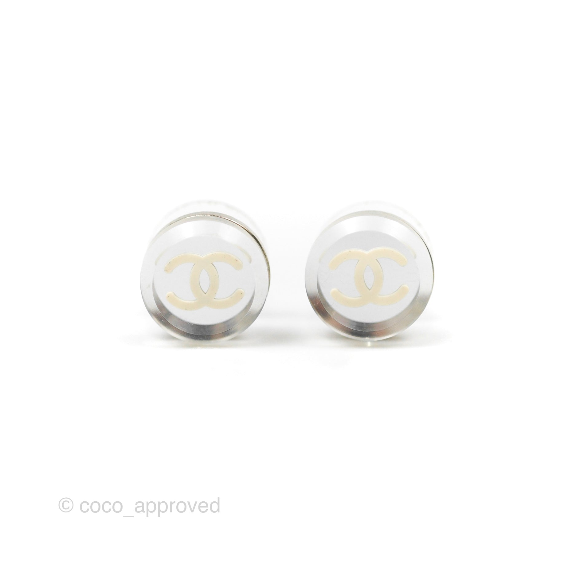 Chanel CC Resin Round Earrings for Women - White & Silver Tone Fashion Jewelry (05V) | Perfect for Parties, Weddings & Everyday Elegance