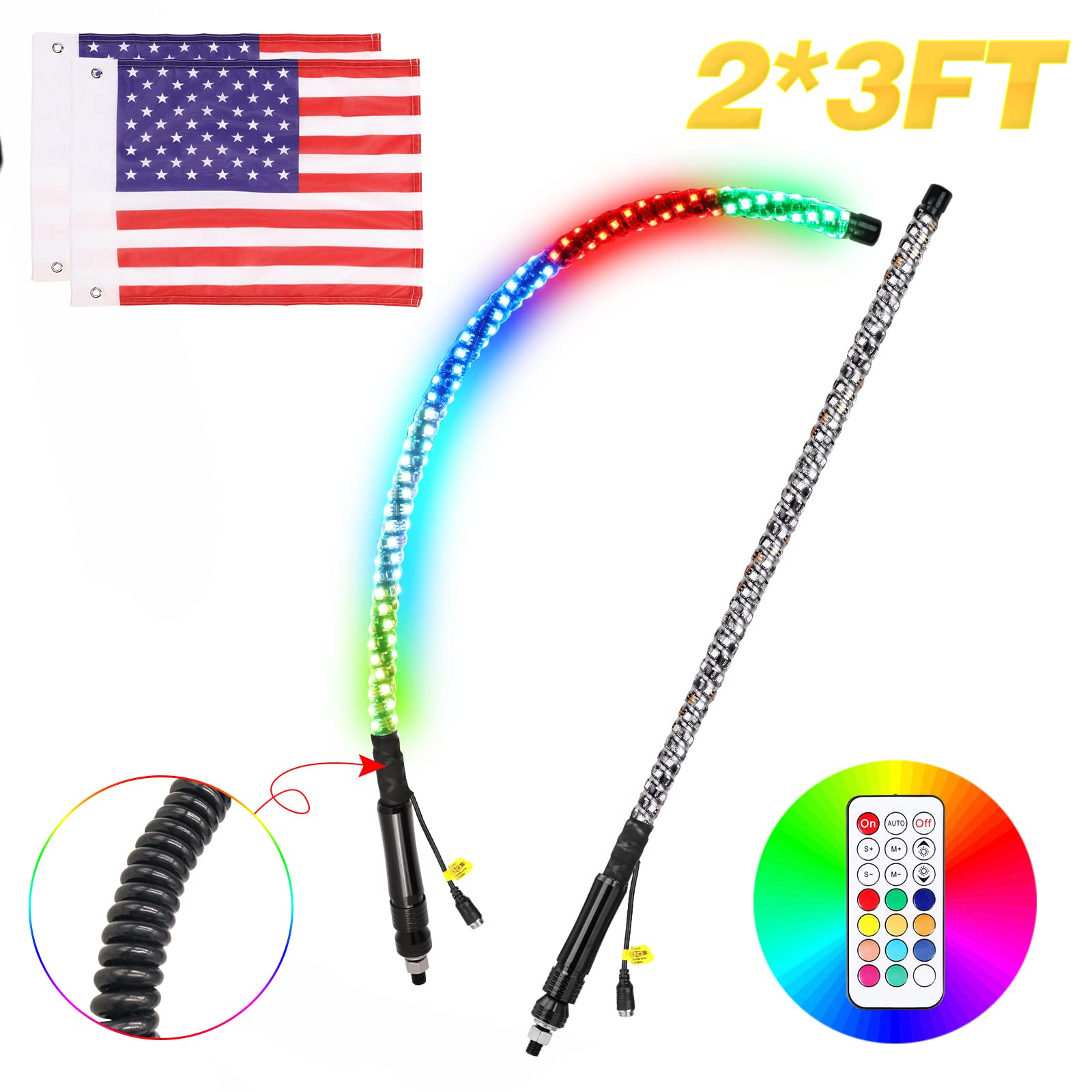 3ft RGB LED Whip Lights 2 Pack - 360° Spiral RGBW LED Chasing/Dancing Antenna Lights with RF Remote Control for ATV, UTV, SXS | Compatible with Polaris Ranger, RZR XP1000, Can-Am X3, Yamaha, Kawasaki | Perfect for Off-Roading, Night Riding & Vehicle Customization