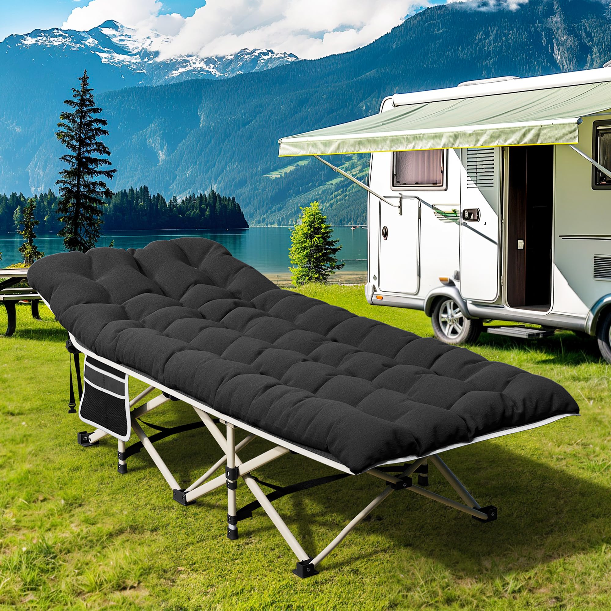 YITAHOME Foldable Camping Cot for Adults - Heavy Duty Portable Bed with Extra Thick Mattress, Sturdy Thick Tubes - Perfect for Outdoor Travel, Office Nap & Guest Bed - Black