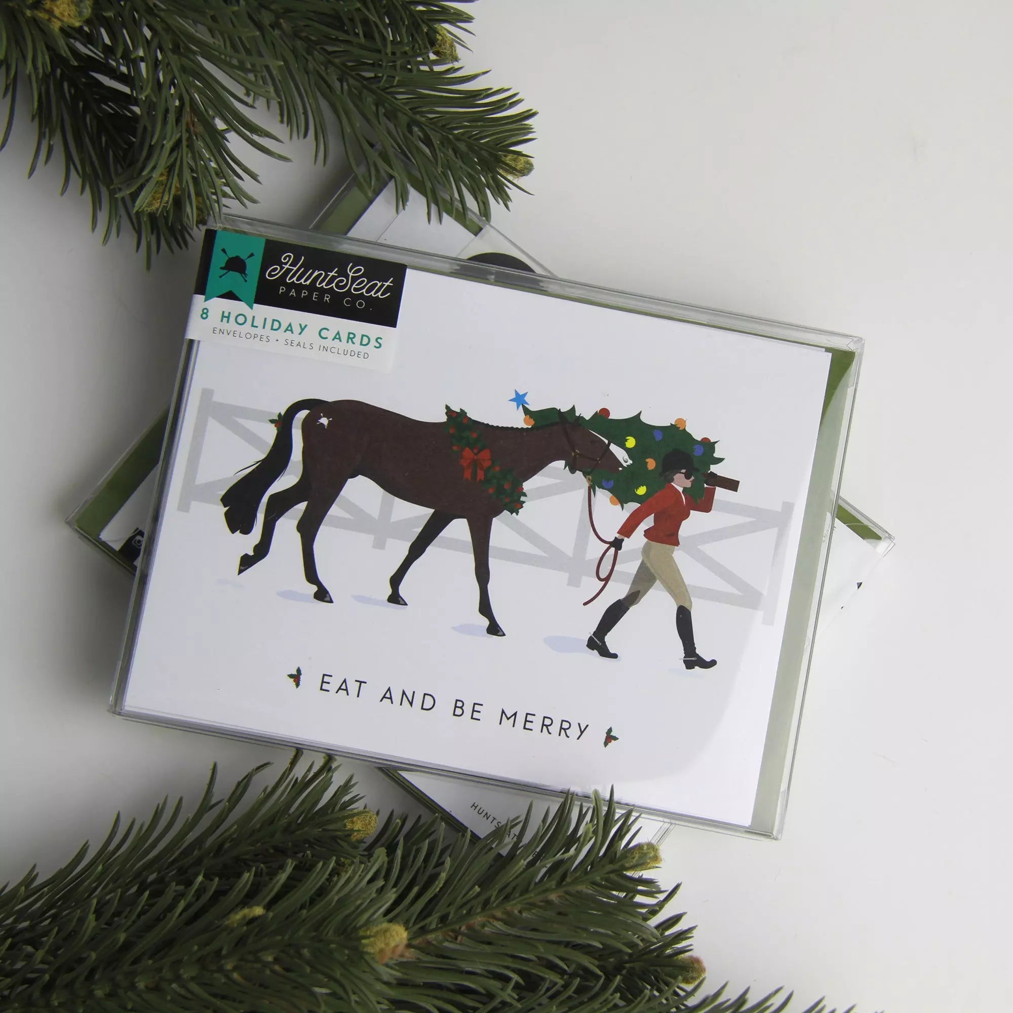 Eat + Be Merry English Equestrian Christmas Card - Holiday Greeting Card for Horse Lovers - Perfect for Christmas Wishes, Holiday Parties & Festive Decorations