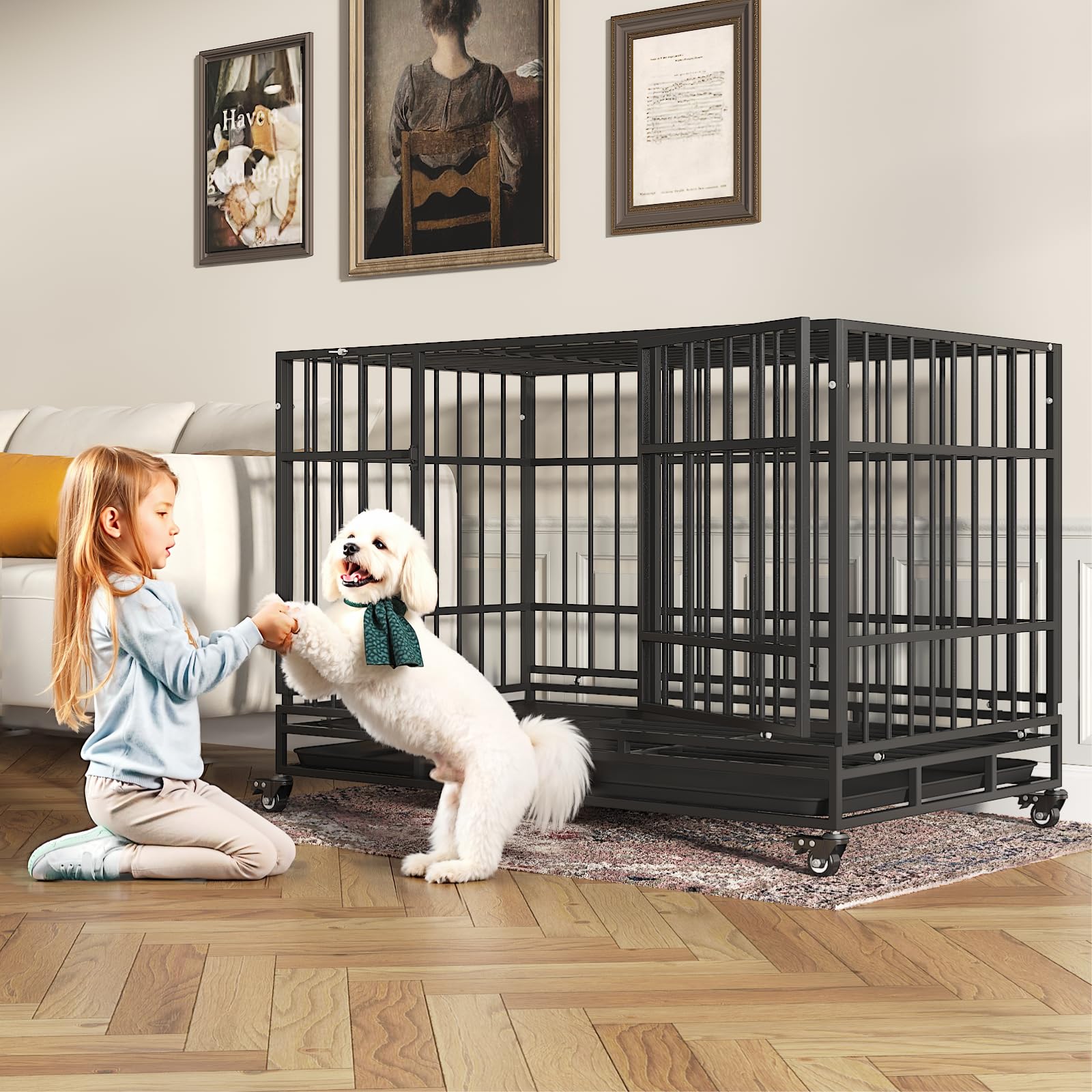 48 Inch Heavy Duty Dog Crate for Large Dogs - Escape Proof Steel Dog Cage with Self-Locking Latch & 4 Lockable Wheels - Indoor Dog Kennel for High Anxiety Pets - Easy to Clean Black Pet Crate - Perfect for Home, Travel, and Vet Visits