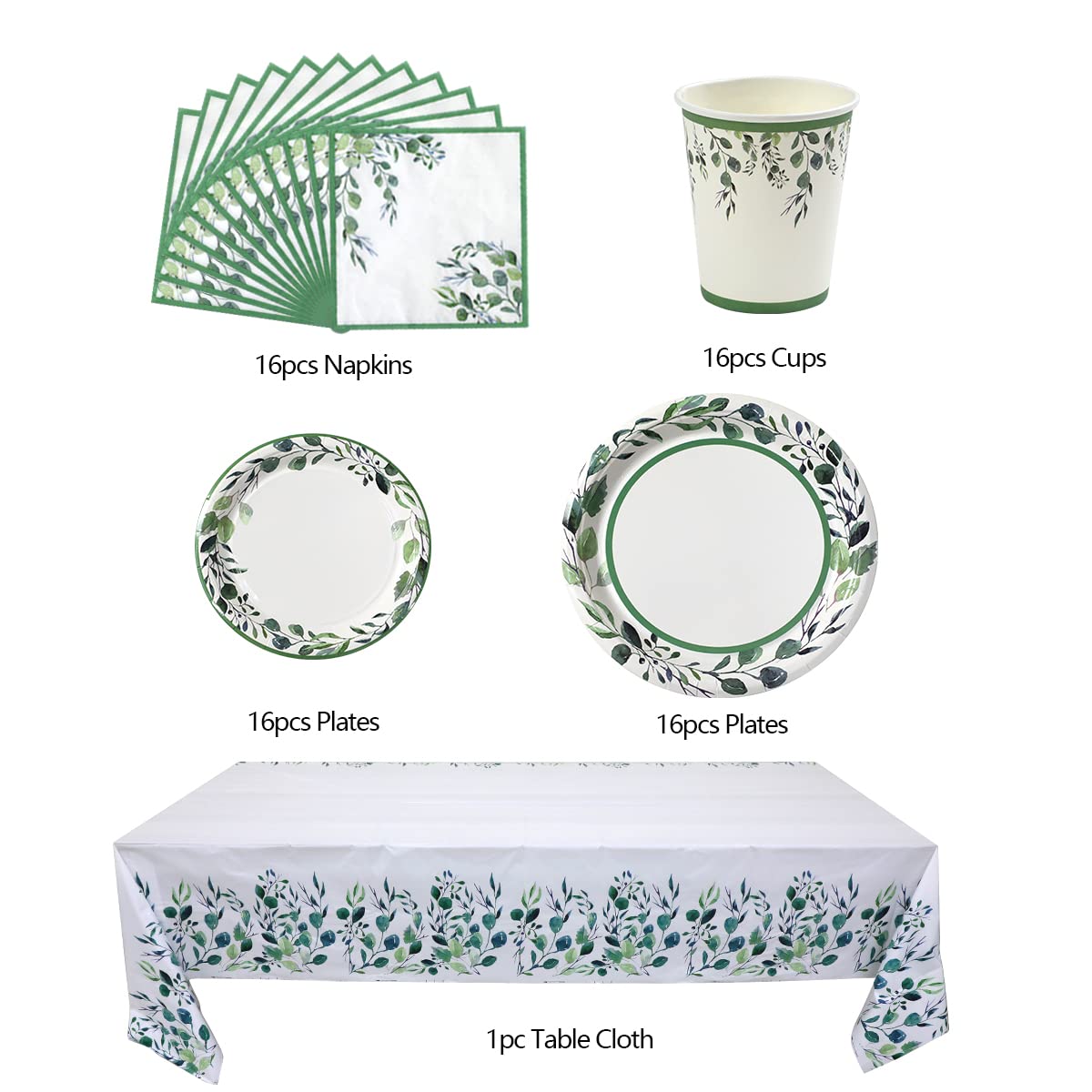 Eco-Friendly Sage Green Party Supplies Set - 16 Disposable Paper Plates, Napkins, Cups & Tablecloth for Birthday, Bridal Shower, Boho & Gender Reveal Parties - Perfect for Greenery Themed Events & Outdoor Gatherings