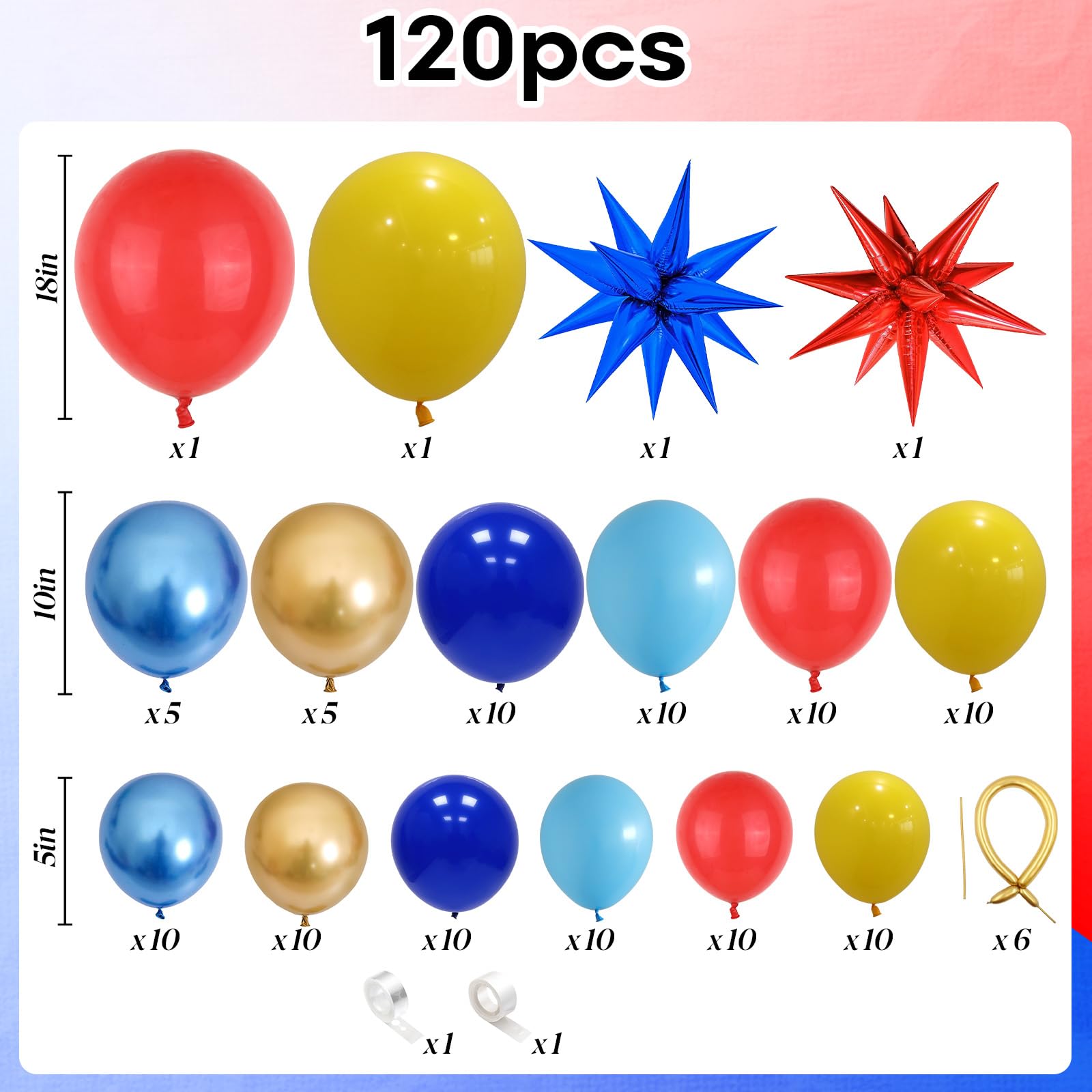 120 Pcs Red Blue Yellow Balloon Arch Kit - Carnival Circus Balloon Garland Decorations with Metallic Gold & Star Foil Balloons for Kids Birthday, Video Game Party, Baby Shower & Theme Party Decorations | Perfect for Indoor & Outdoor Celebrations