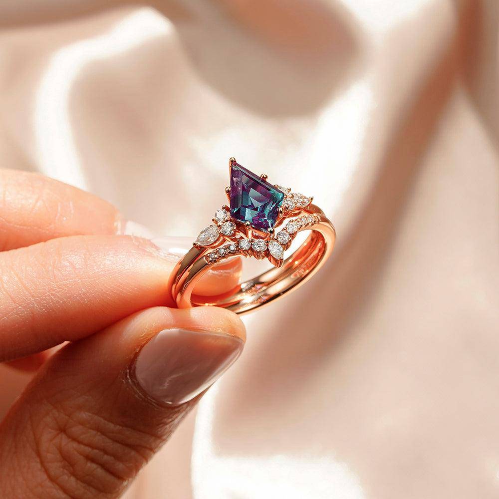 2 CT. Art Deco Kite Cut Alexandrite Engagement Ring Set With Moissanite Accents - Vintage Inspired Wedding Ring for Women, Perfect for Proposals, Anniversaries & Special Occasions