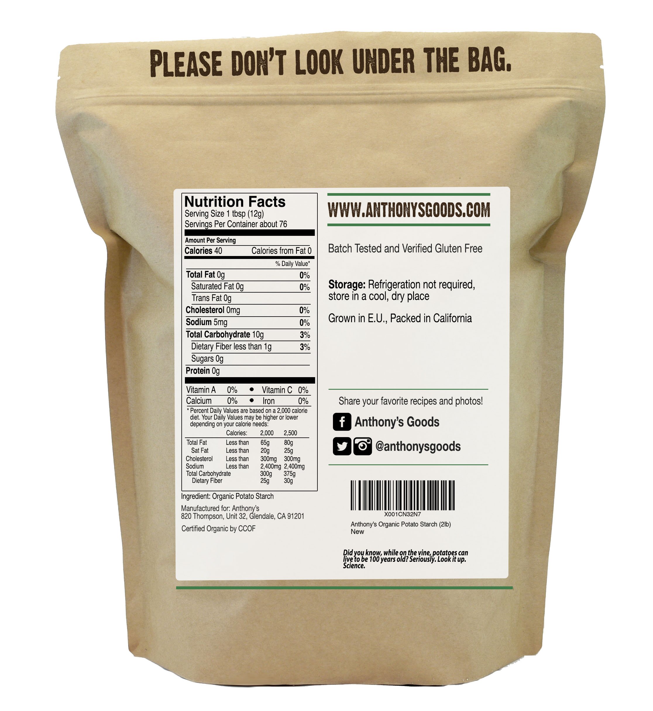 Anthony's Organic Potato Starch 2 lb - Unmodified, Gluten Free, Non-GMO, Resistant Starch for Baking, Thickening Sauces & Keto Cooking