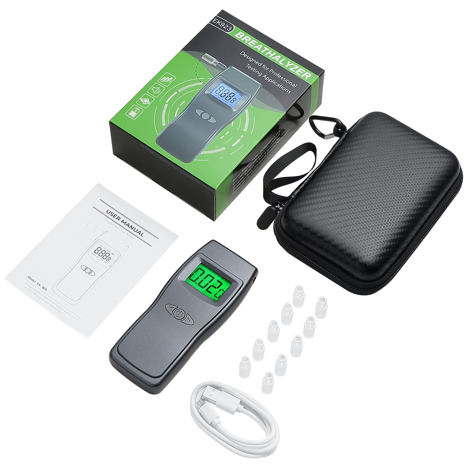 Professional Breathalyzer Alcohol Tester - USB Rechargeable Portable BAC Detector with 10 Disposable Mouthpieces | Accurate Personal & Workplace Alcohol Testing | Perfect for Drivers, Safety Officers & Party Use - BELLADDY INC EK923