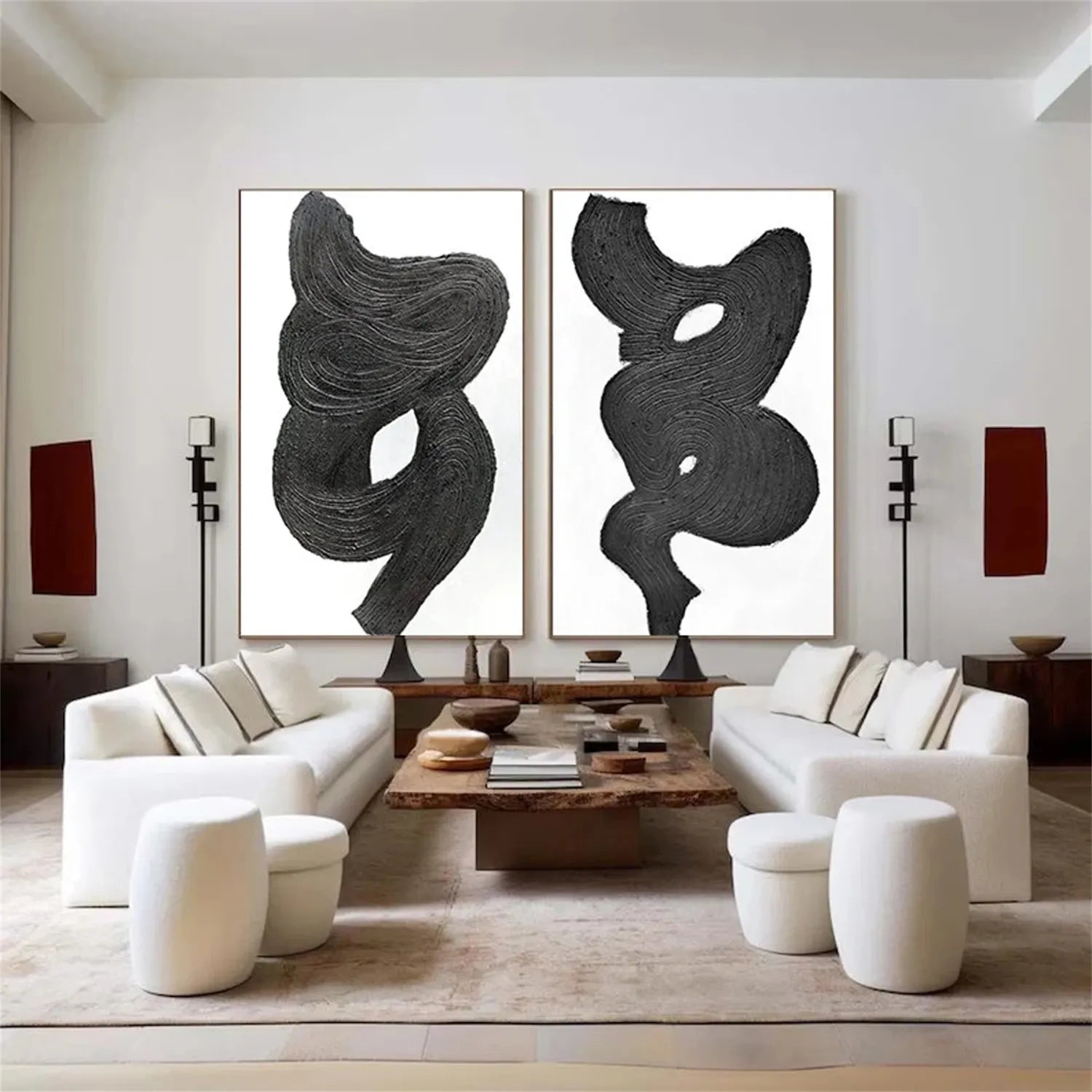 Black and White Textured Minimalist Wall Art Set of 2 - Modern Abstract Canvas Paintings for Living Room, Bedroom & Office Decor #MZ114
