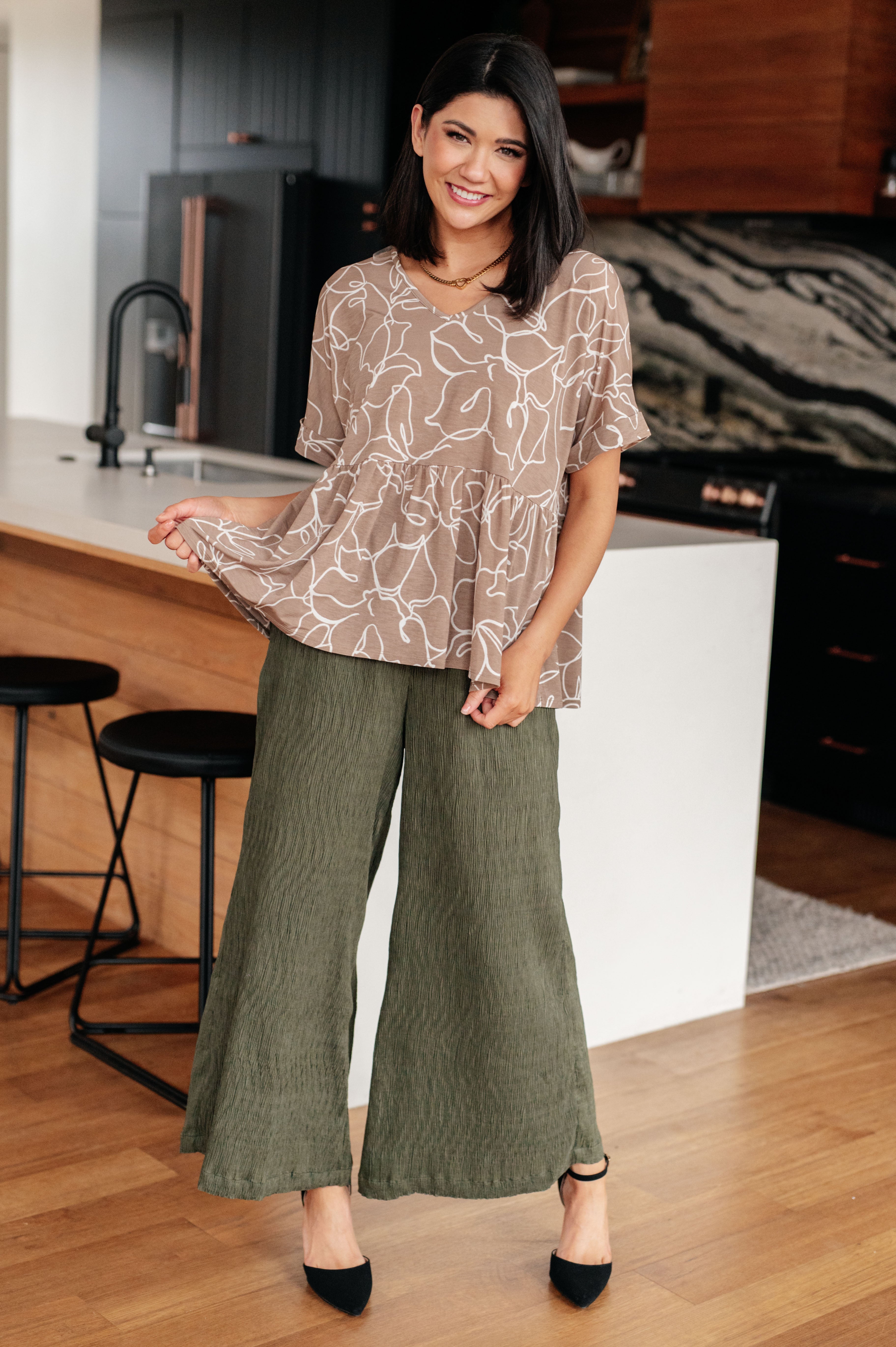 Mocha Petals V Neck Top for Women - Flowy Boho Blouse with Floral Print - Perfect for Casual Outings, Dates & Summer Vacations