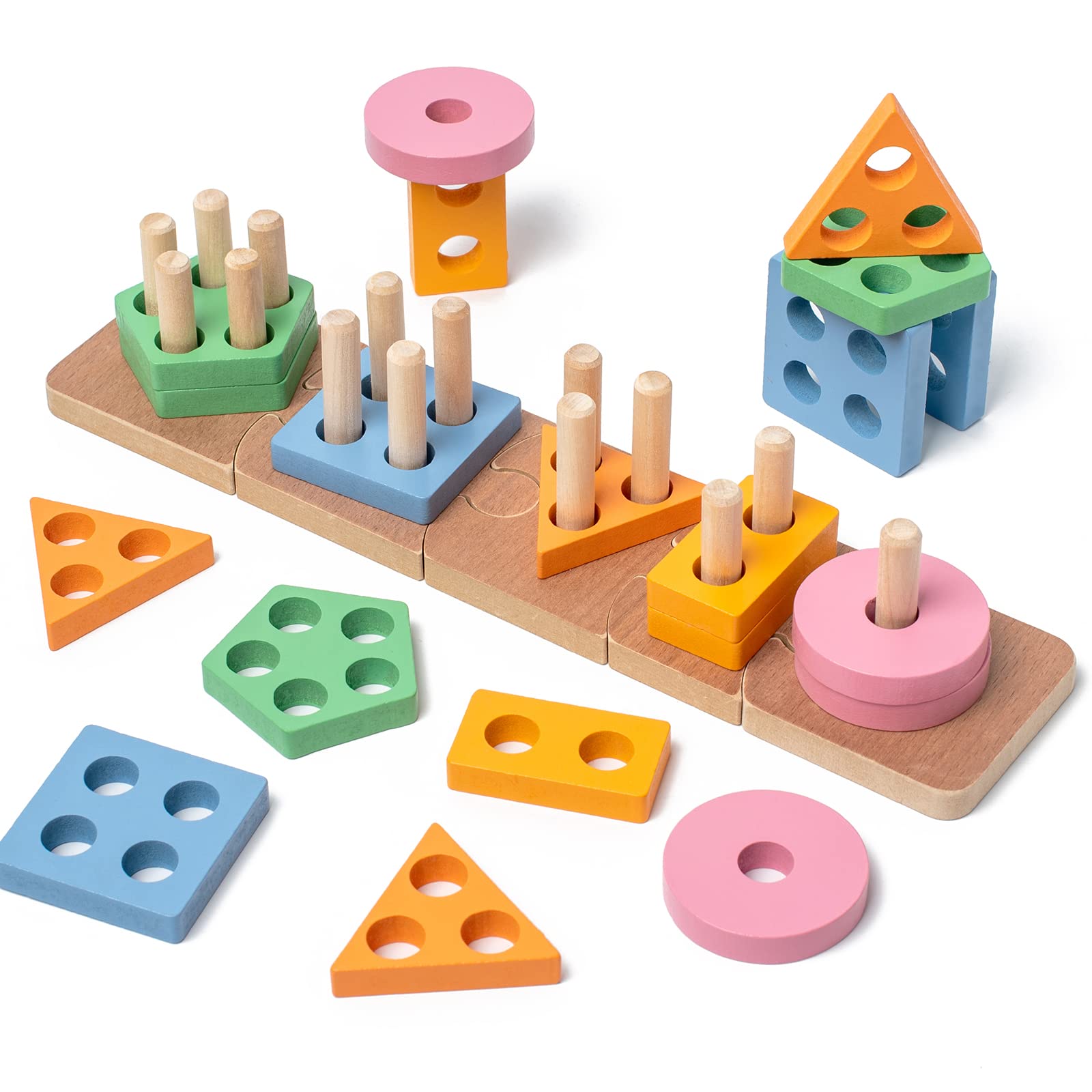 Montessori Wooden Block Sorting and Stacking Toys - Educational Shape Sorter & Color Stacker for Toddlers 1-3 Years Old - Preschool Learning Toys for Boys & Girls - Perfect for Home, Classroom, and Daycare Playtime