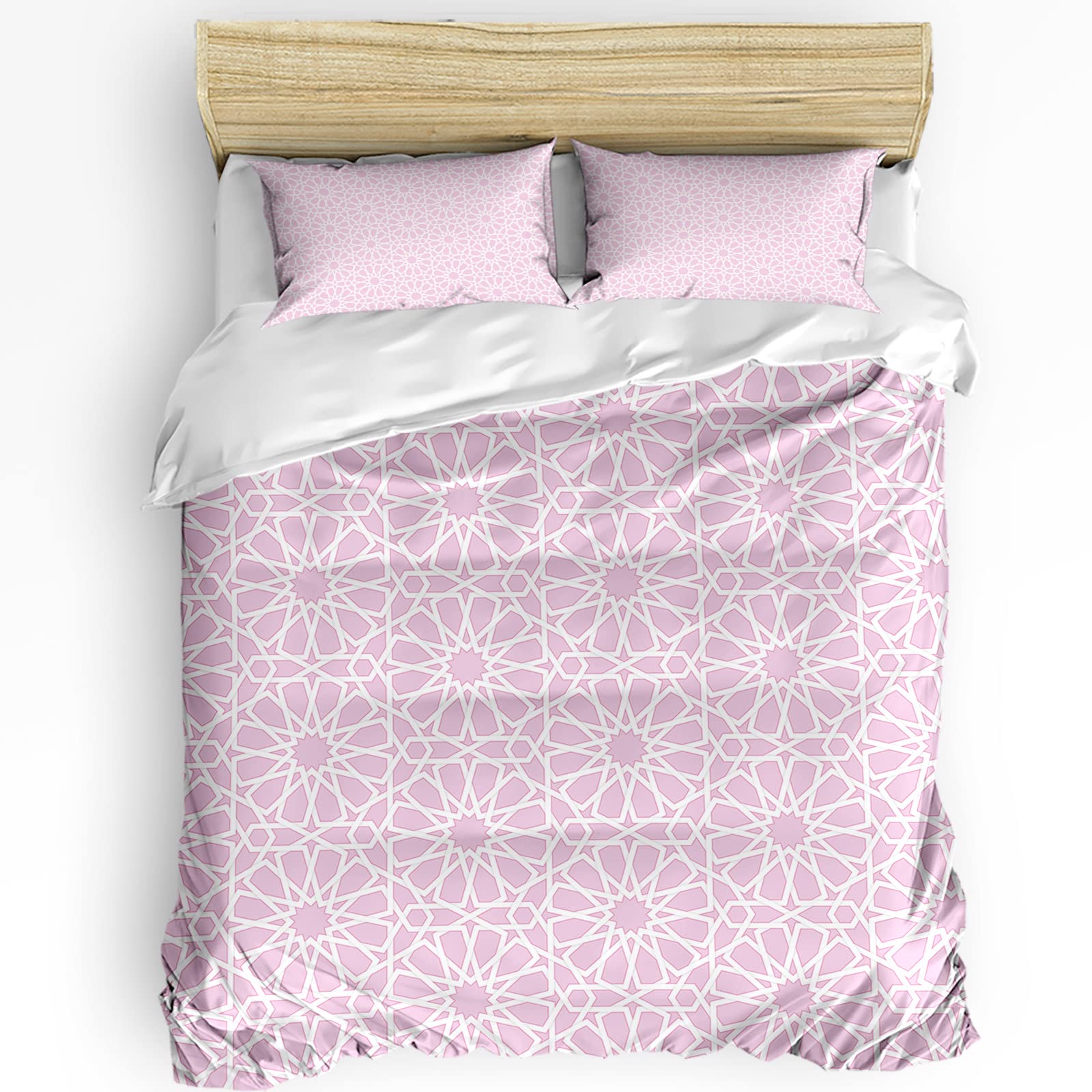 FDECOR Queen Duvet Cover Set - 3 Piece Soft Washed Comforter Set with Abstract Geometry Pattern in Pink | Bedding Collection for Kids & Adults (1 Duvet Cover + 2 Pillow Shams) | Perfect for Modern Bedrooms, Guest Rooms & Kids' Rooms