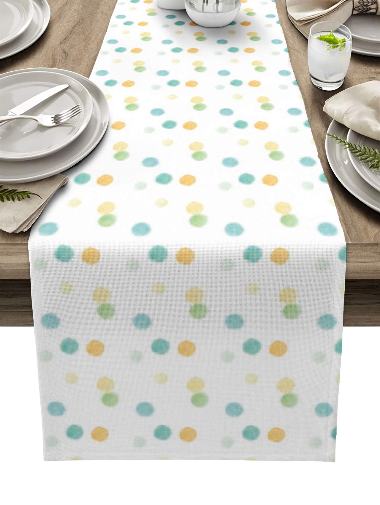 108 Inch Burlap Linen Table Runner with Polka Dot Watercolor Pattern - Farmhouse Decor for Kitchen, Dining Table, Dresser & Coffee Table | Perfect for Parties, Banquets & Home Decor (Multicolor Green Yellow Orange)