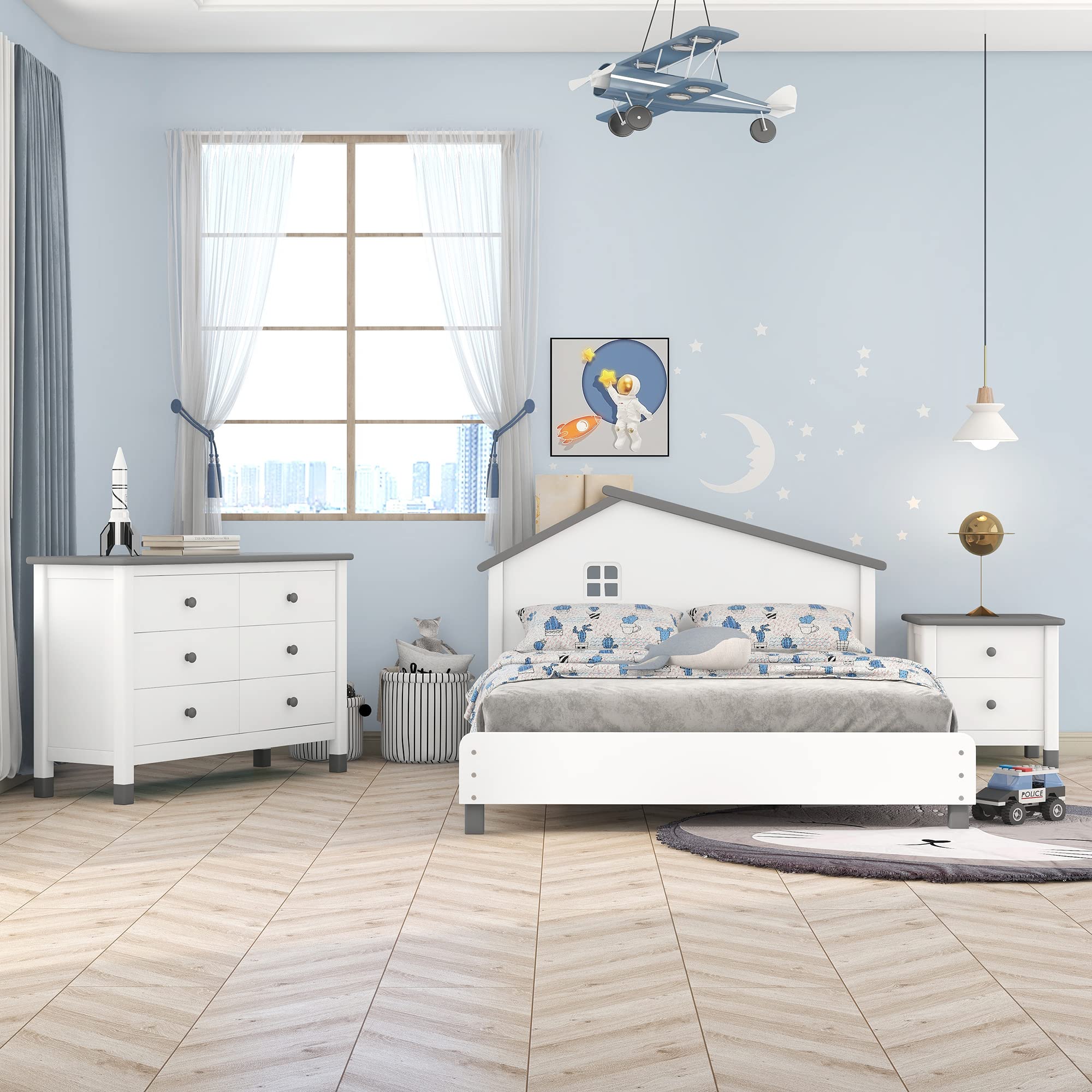 LZ LEISURE ZONE 3-Piece Bedroom Furniture Set - Full Size Platform Bed with Nightstand & Storage Dresser in White and Gray | Modern Bedroom Decor for Small Spaces & Guest Rooms