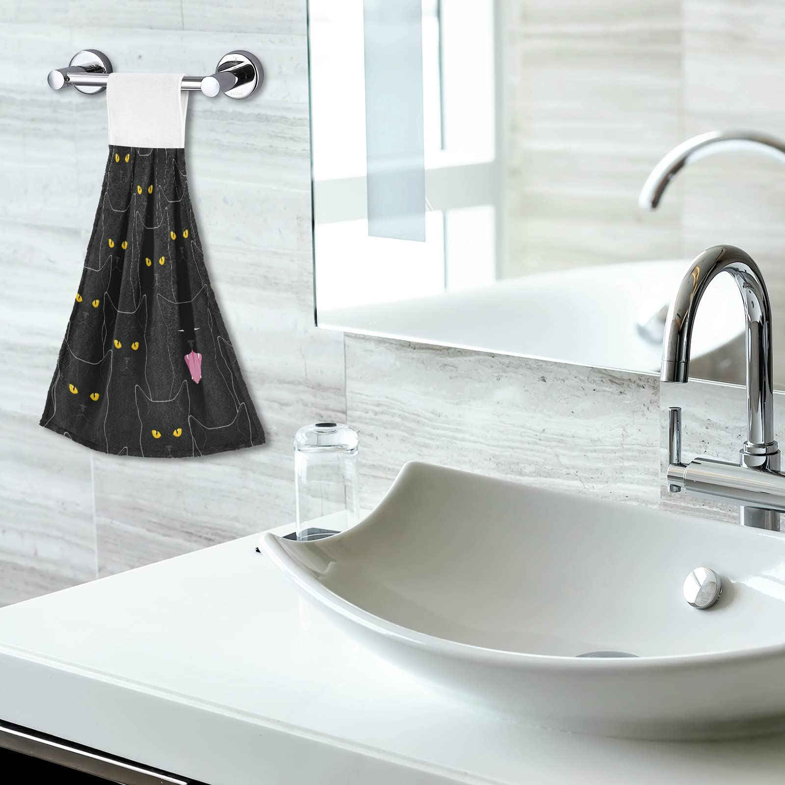 Black Cat Halloween Hanging Kitchen Towels - Set of 2 Absorbent Hand & Dish Towels for Bathroom, Farmhouse Decor, Housewarming Gift - Perfect for Halloween Parties, Kitchen Decor & Cozy Home Accents