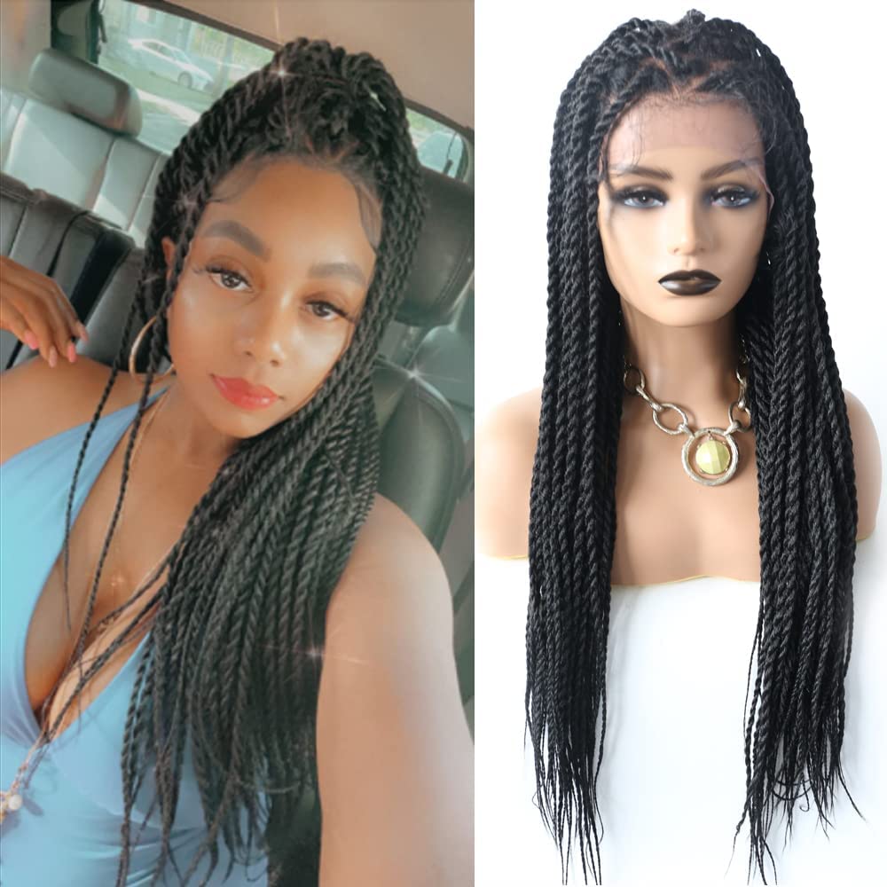 Hand Braided Micro Twist Swiss Lace Front Wig with Baby Hair | Heat Friendly Synthetic Hair for Women | Natural Cornrow Style | Color #1B Black | Perfect for Daily Wear, Cosplay & Protective Hairstyles