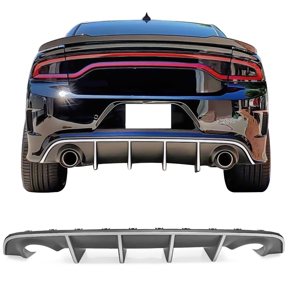 IKON MOTORSPORTS Bumper Lip Spoiler for 2015-2023 Dodge Charger SRT | Factory Style Rear Diffuser with White Reflective Tape | Enhance Style & Aerodynamics for Street & Track Racing