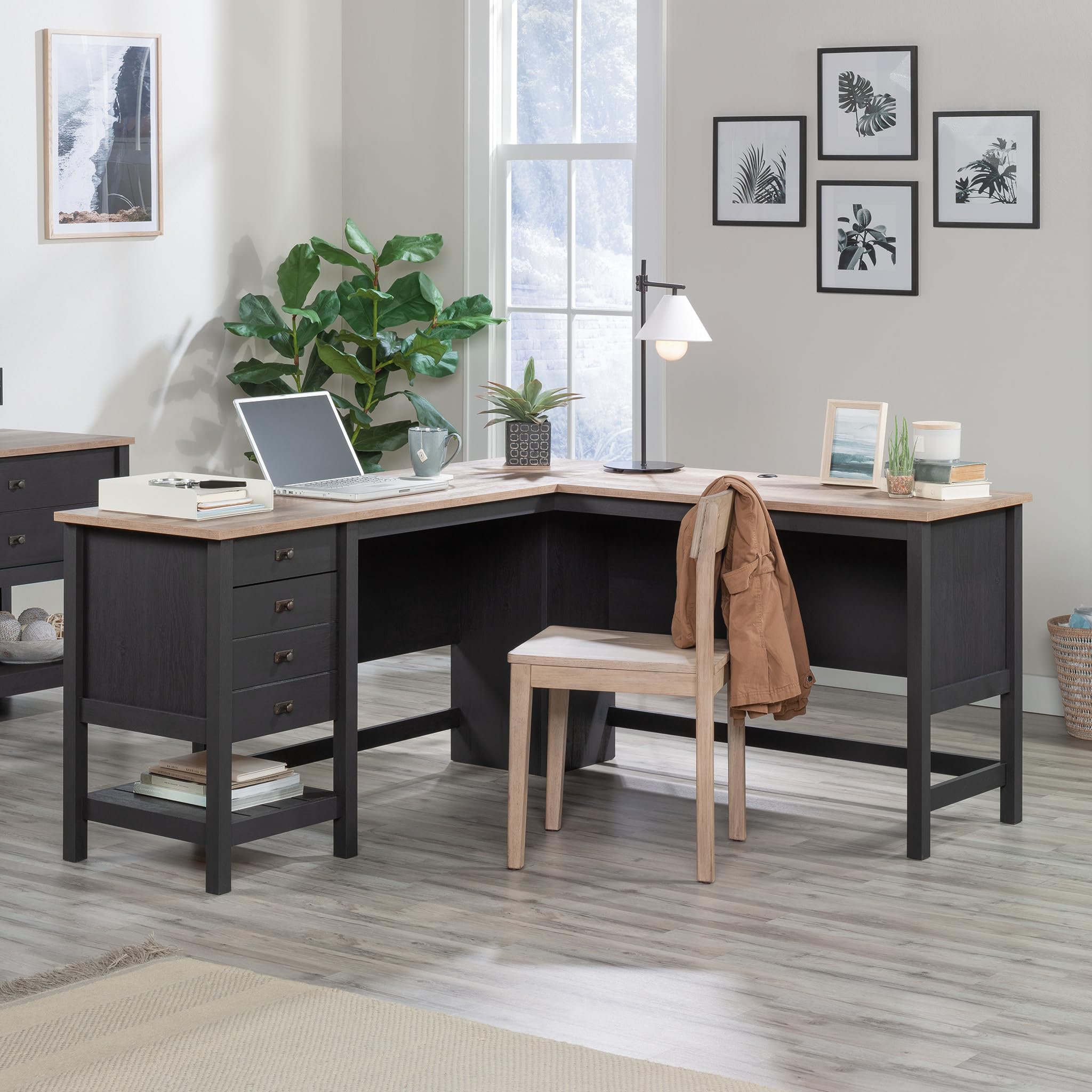 Sauder Cottage Road L-Shaped Computer Desk with Drawers & File Cabinet - Home Office Desk with Cable Management in Raven Oak Finish - Perfect for Small Spaces & Work from Home Setup
