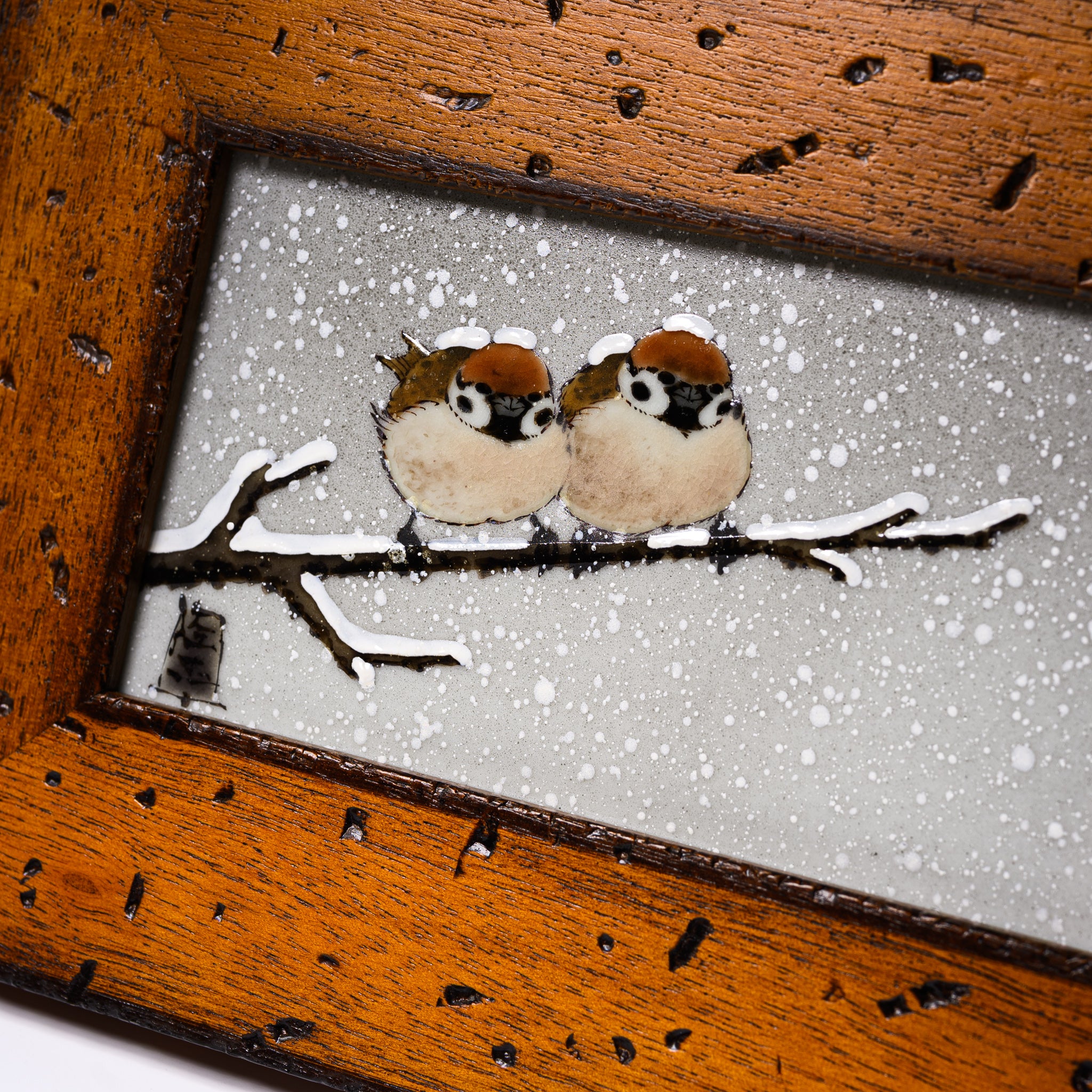 Kutani Ware Framed Porcelain Artwork by Toshito Nakamura - Exquisite Twins Sparrow Japanese Ceramic Wall Decor | Perfect for Home, Office & Gift Giving