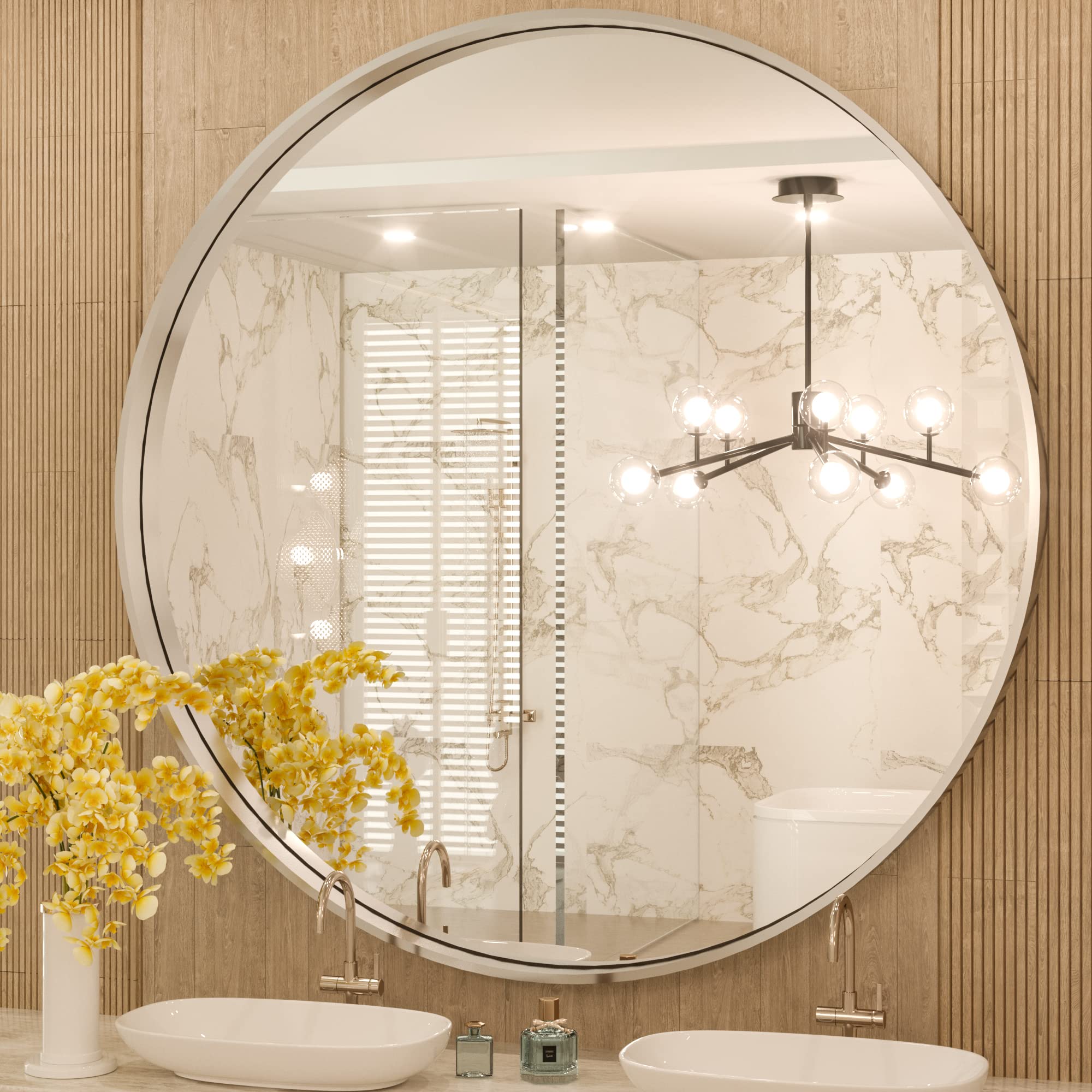 36 Inch Round Bathroom Mirror - Brushed Silver Aluminum Alloy Frame, Rustproof Wall Mirror for Modern & Minimalist Decor | Perfect for Bathrooms, Bedrooms, Living Rooms & Vanity Areas