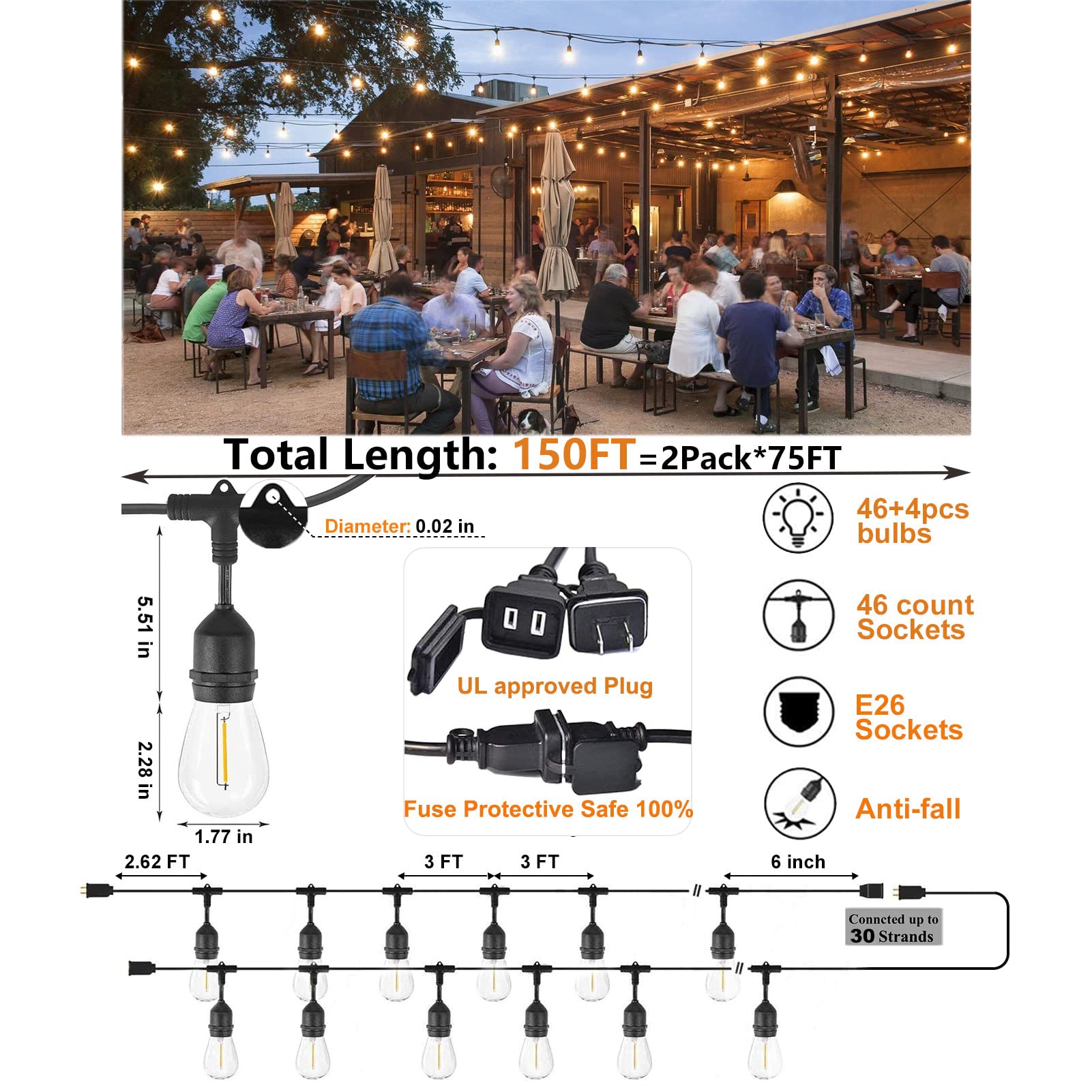 150 FT Outdoor LED String Lights - Shatterproof & Waterproof Patio Lights with 50 Bulbs (2-Pack) for Backyard, Bistro, Gazebo, Garden & Wedding Decorations