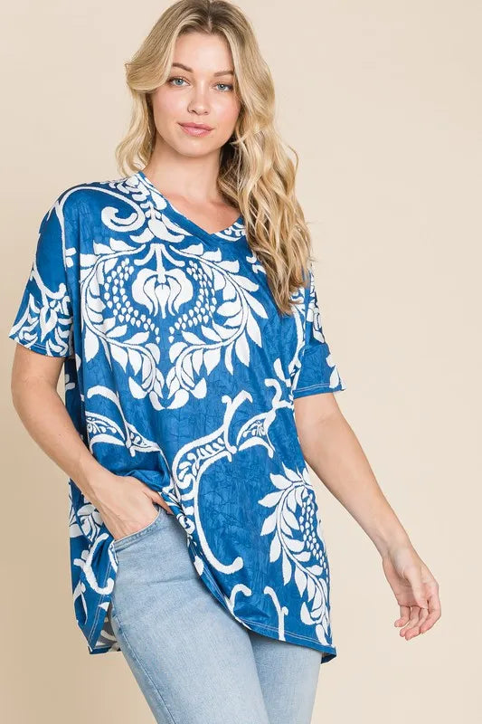 BOMBOM Women's Printed Relaxed V-Neck Tunic Top - Casual Flowy Blouse for Work, Travel & Everyday Wear