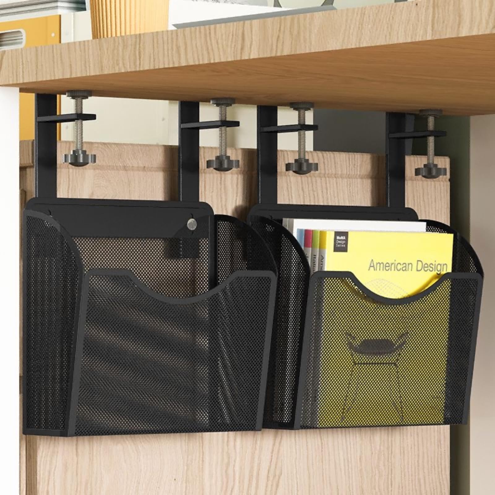 Under Desk Drawer Organizer - Clamp On Mesh Metal Storage Tray for Office & Home Workspace - Space Saving Side Desk Organizer with Hanging Design (Black) - Perfect for Storing Pens, Notebooks & Office Supplies Under Computer Desk
