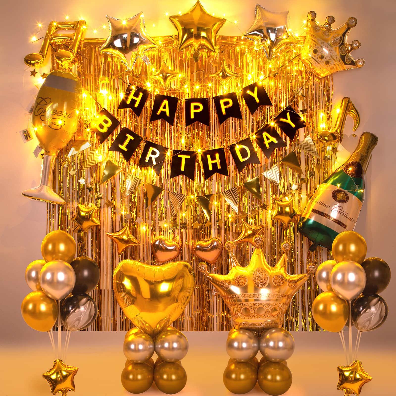 70-Piece Gold Birthday Party Decorations Kit with String Lights - Happy Birthday Decor Set for Adults, Includes Golden Backdrop & Balloons - Perfect for Birthday Parties, Anniversaries, and Special Celebrations