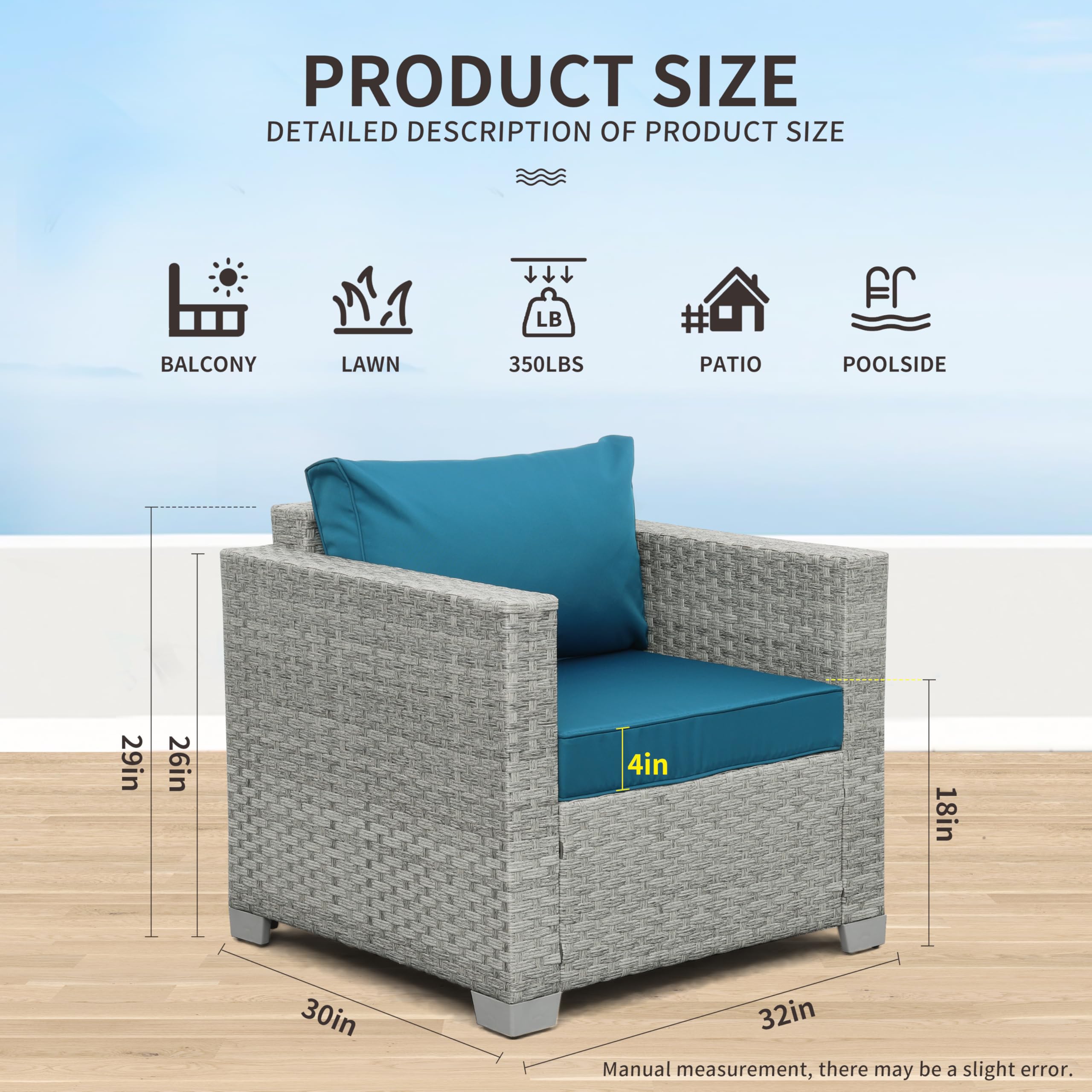Outdoor Wicker Patio Chairs Set of 2 - Grey Rattan Deep Seating Armchairs with Peacock Blue Cushions for Porch, Balcony & Garden Relaxation