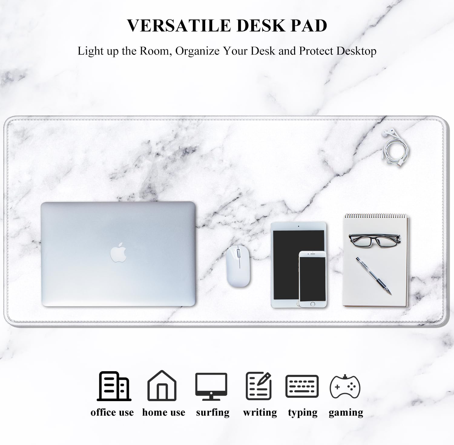 Auhoahsil XXL Gaming Mouse Pad - 31.5 x 11.8 Inch Large Desk Mat with Stitched Edges & Non-Slip Rubber Base - Perfect for PC, Laptop, Office & Gaming Setup - White Marble Design