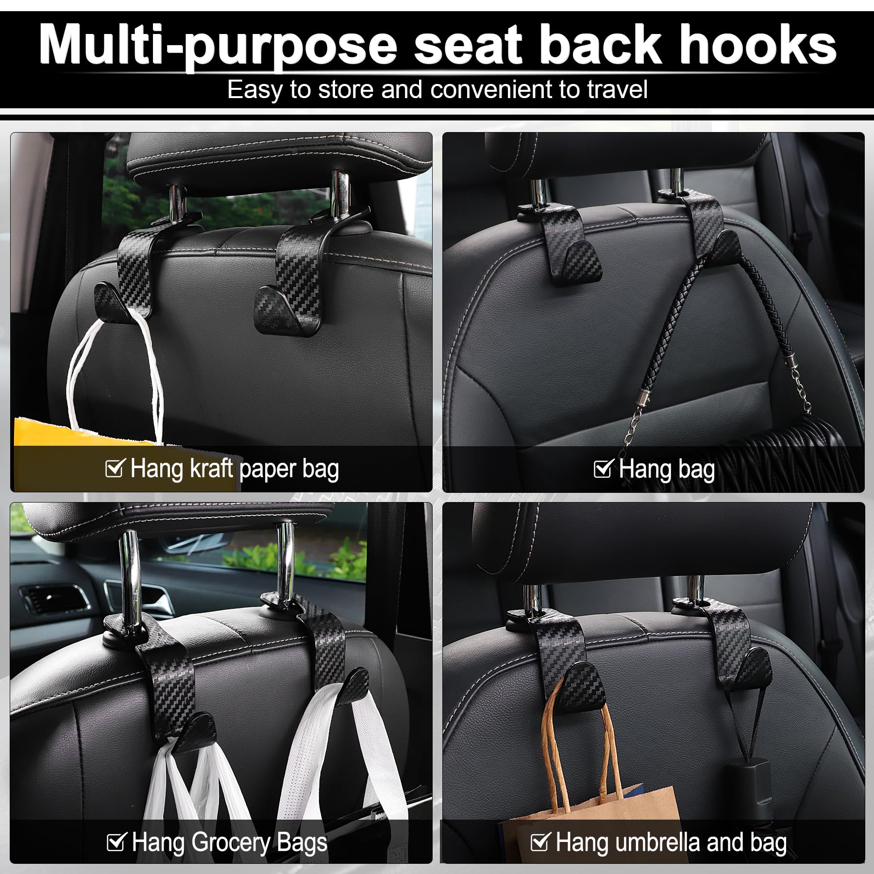 LivTee 4-Pack Car Purse Hooks - Universal Auto Seat Headrest Hangers for Coats, Umbrellas, Groceries & Shopping Bags - Durable Carbon Fiber Black Organizer - Perfect for Road Trips, Commuting & Daily Errands