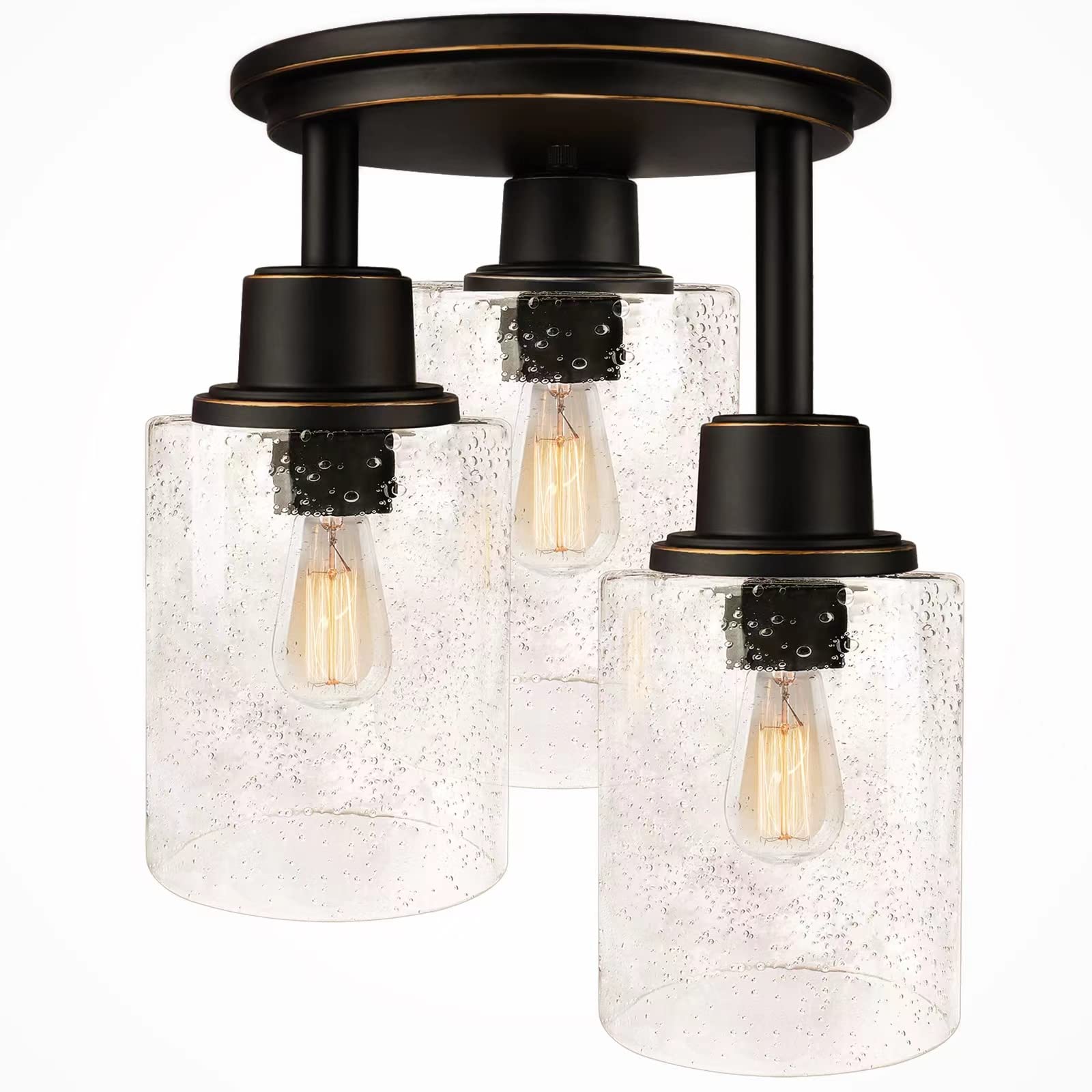 Vintage Oil-Rubbed Bronze Semi Flush Mount Ceiling Light Fixture - 3-Light Close to Ceiling Chandelier with Clear Seeded Glass Shade - Perfect for Stairs, Porch, Hallway, Entryway, Kitchen, Dining Room and Bedroom Lighting