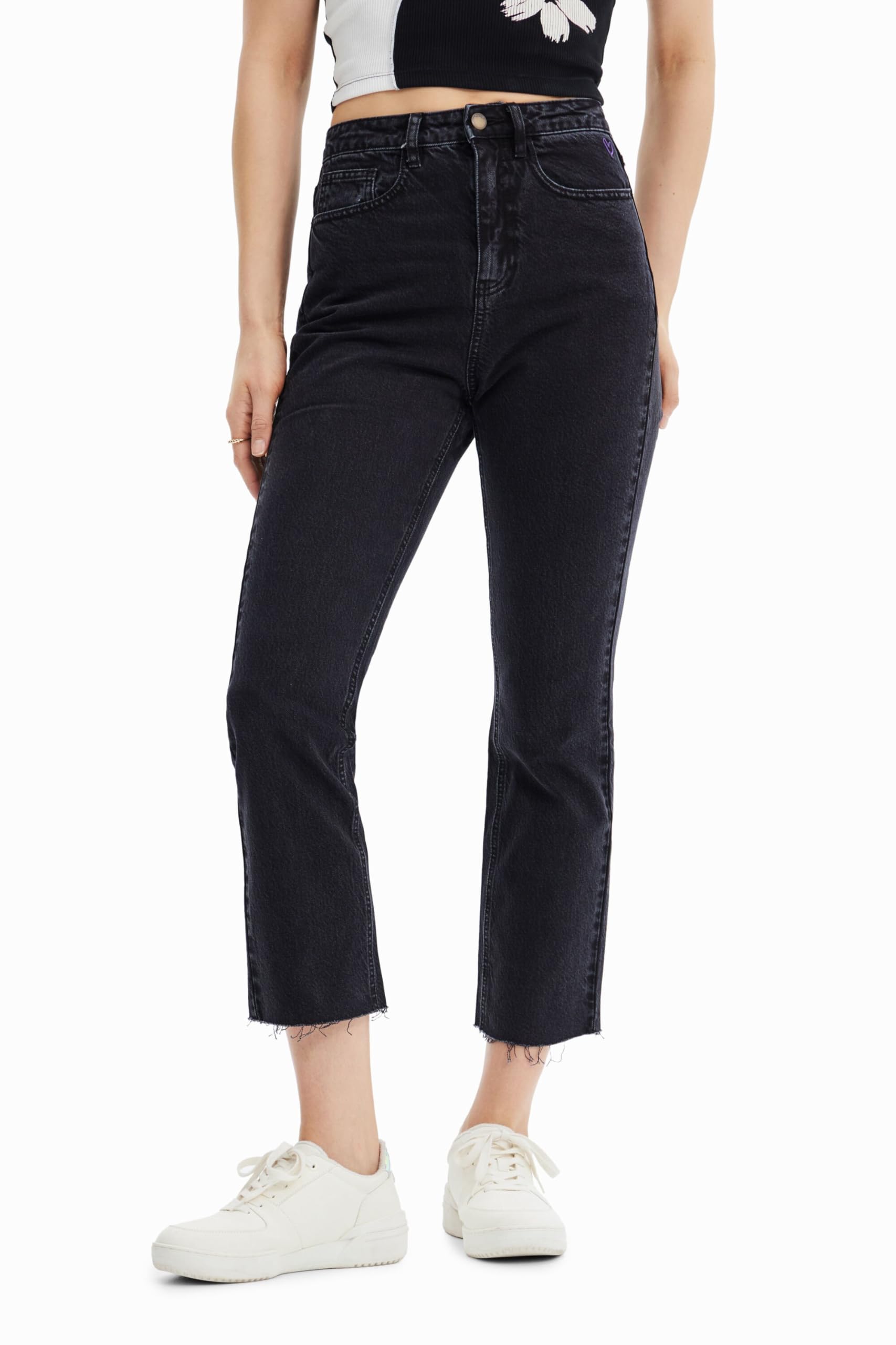 Desigual Women's Straight Cropped Jeans - High Waist Distressed Denim Pants for Casual Wear & Street Style Outfits