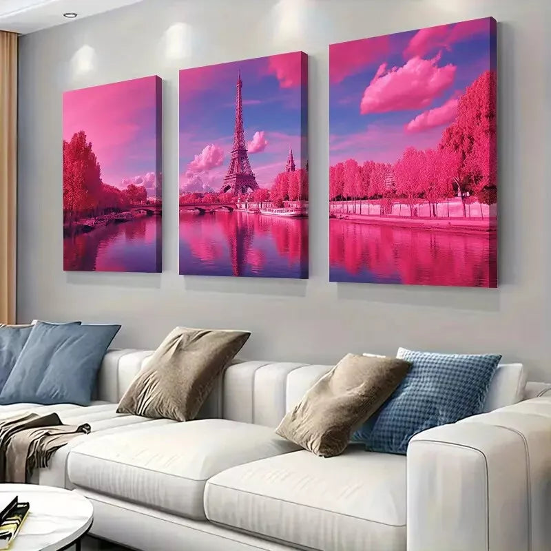 3-Piece Pink Parisian Eiffel Tower Triptych Wall Art Set - Framed Canvas 40x60cm - High Quality Print - 100% Australian Made - Ready to Hang - Perfect for Living Room, Bedroom & Office Decor