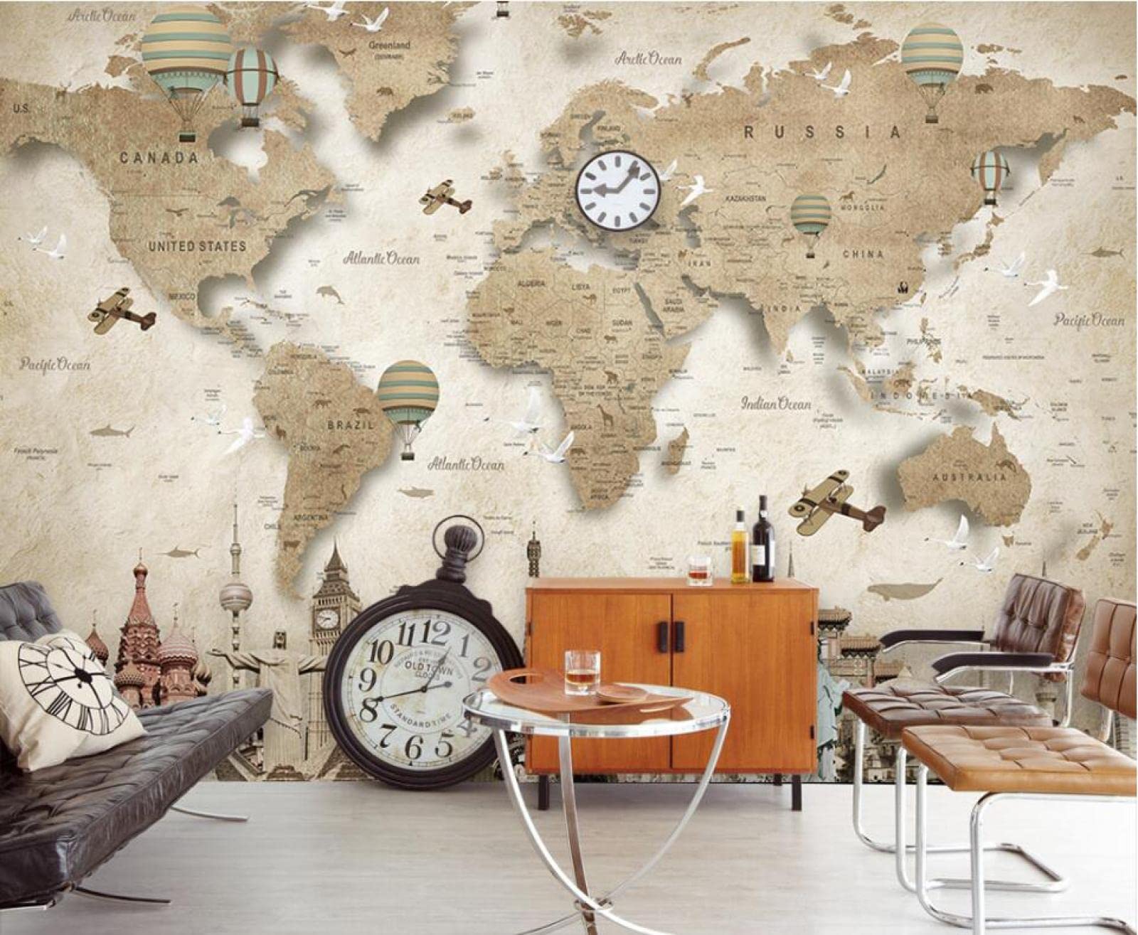 Vintage World Map 3D Wall Mural with Cartoon Airplane - 78.7