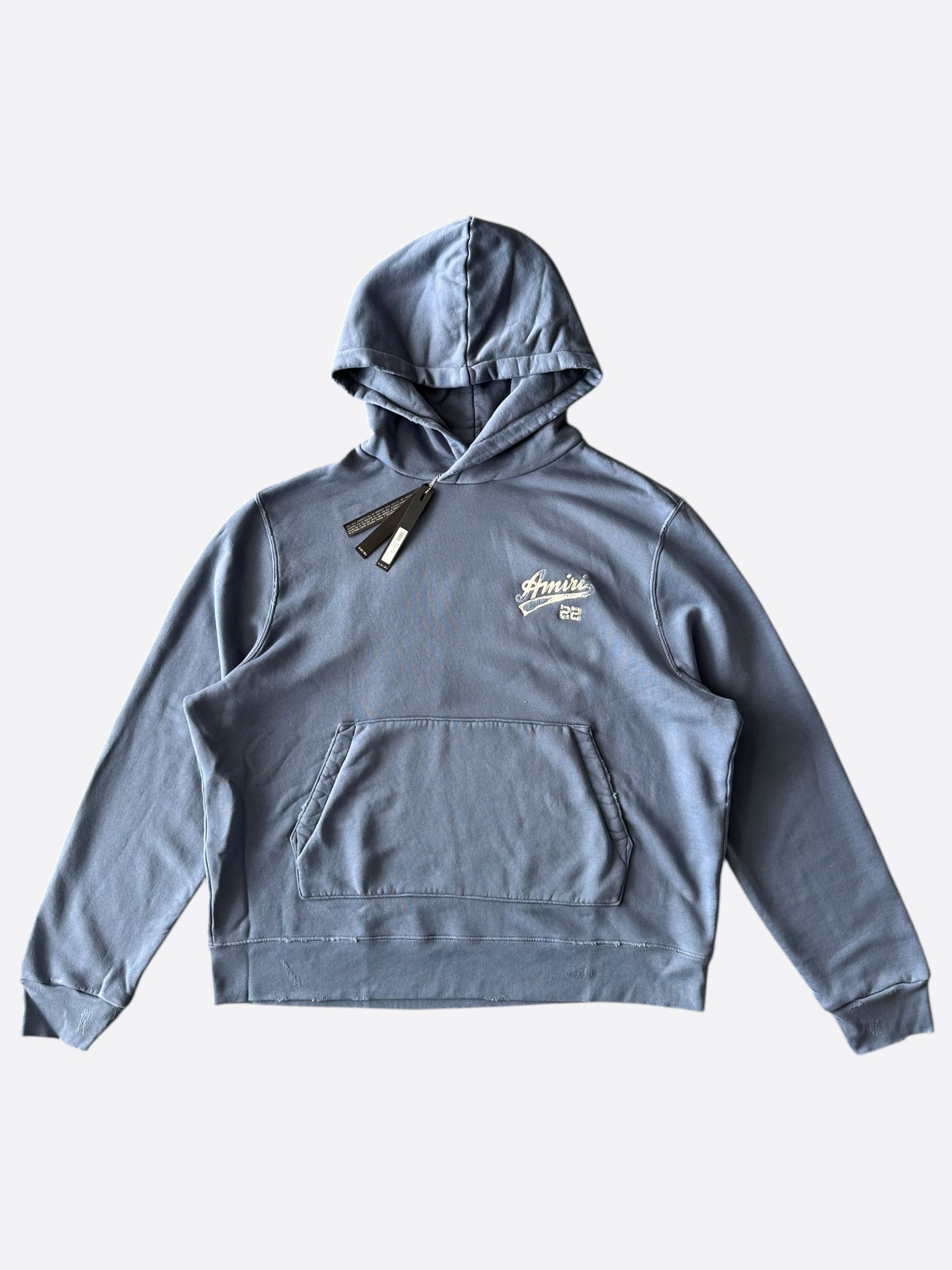 Amiri Blue & White Distressed Logo Hoodie - Men's Premium Streetwear Pullover for Casual & Urban Style | Perfect for Everyday Wear & Fashion Outfits