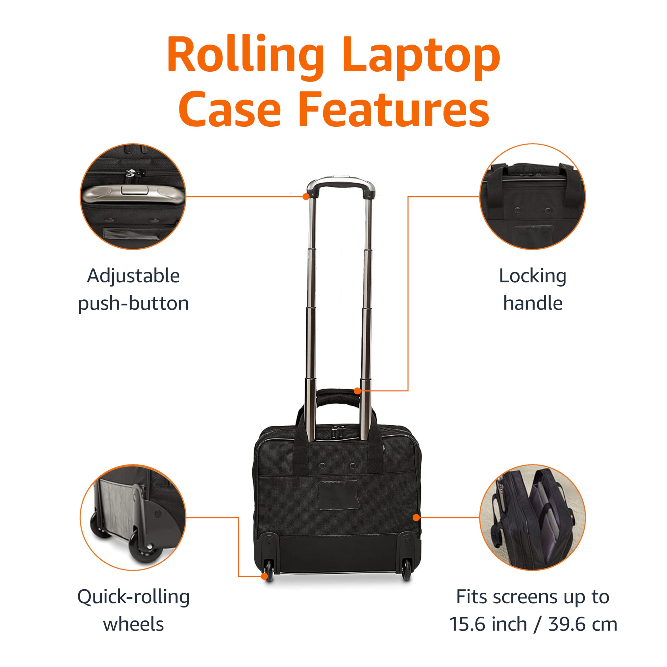 Amazon Basics Rolling Laptop Case for 15.6 Inch Laptop - Black, Durable & Lightweight Travel Computer Bag with Wheels - Perfect for Business Trips, Commuting & Air Travel