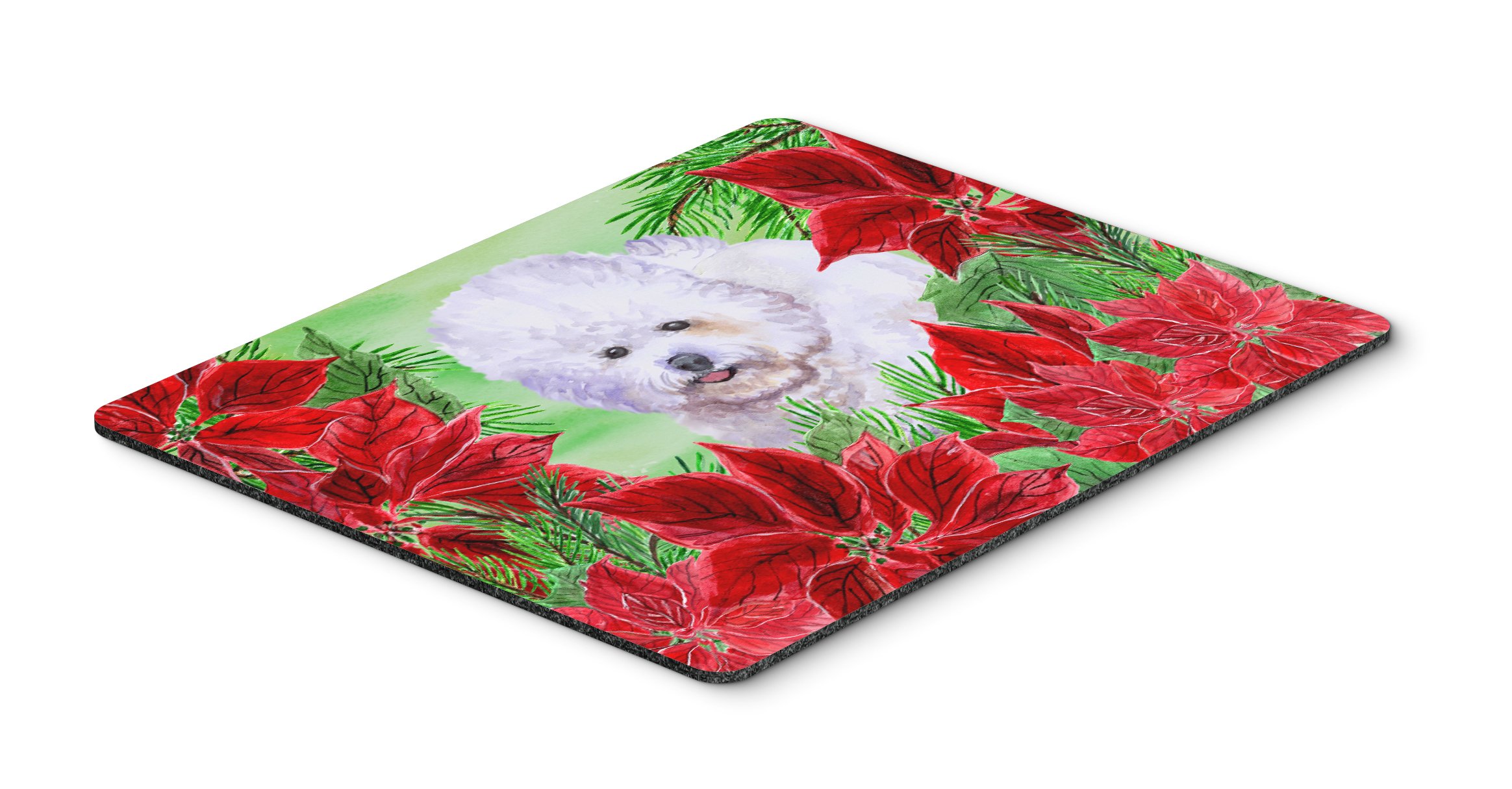 Bichon Frise Poinsettas Mouse Pad - Large Washable Non-Slip Desk Mat for Home Office, Gaming & Computer Use | Christmas Themed Mousepad & Hot Pad Trivet for Laptop Users